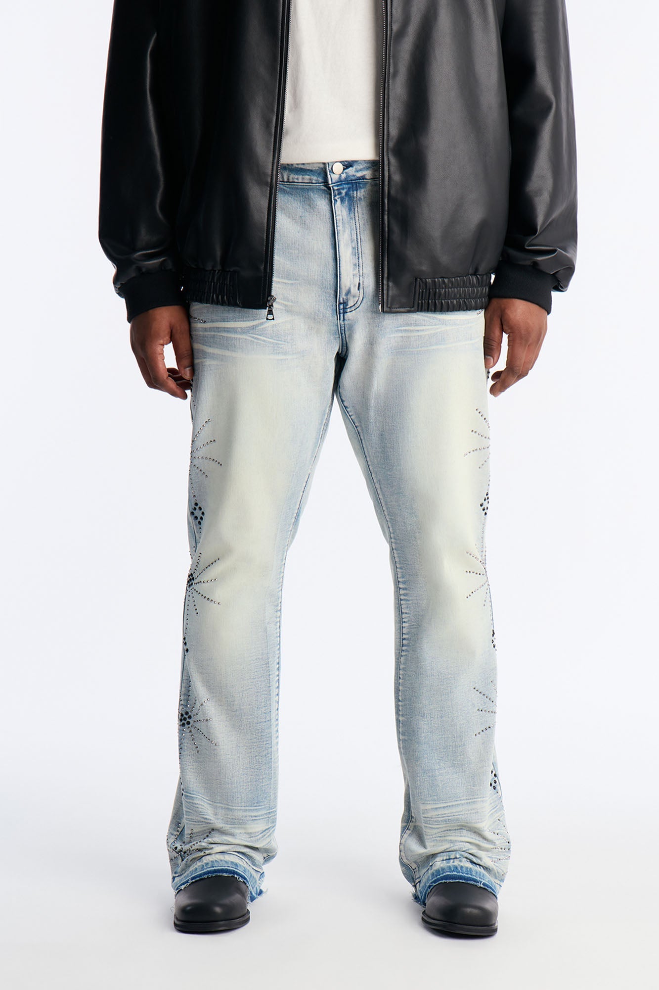 Stacked Skinny Flare Starburst Shine Jeweled Jean - Light Wash