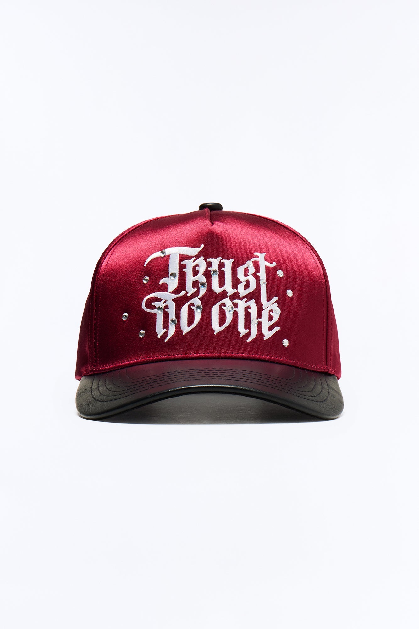 Trust Structured Faux Leather Satin Embellished Snapback Hat - Burgundy/combo