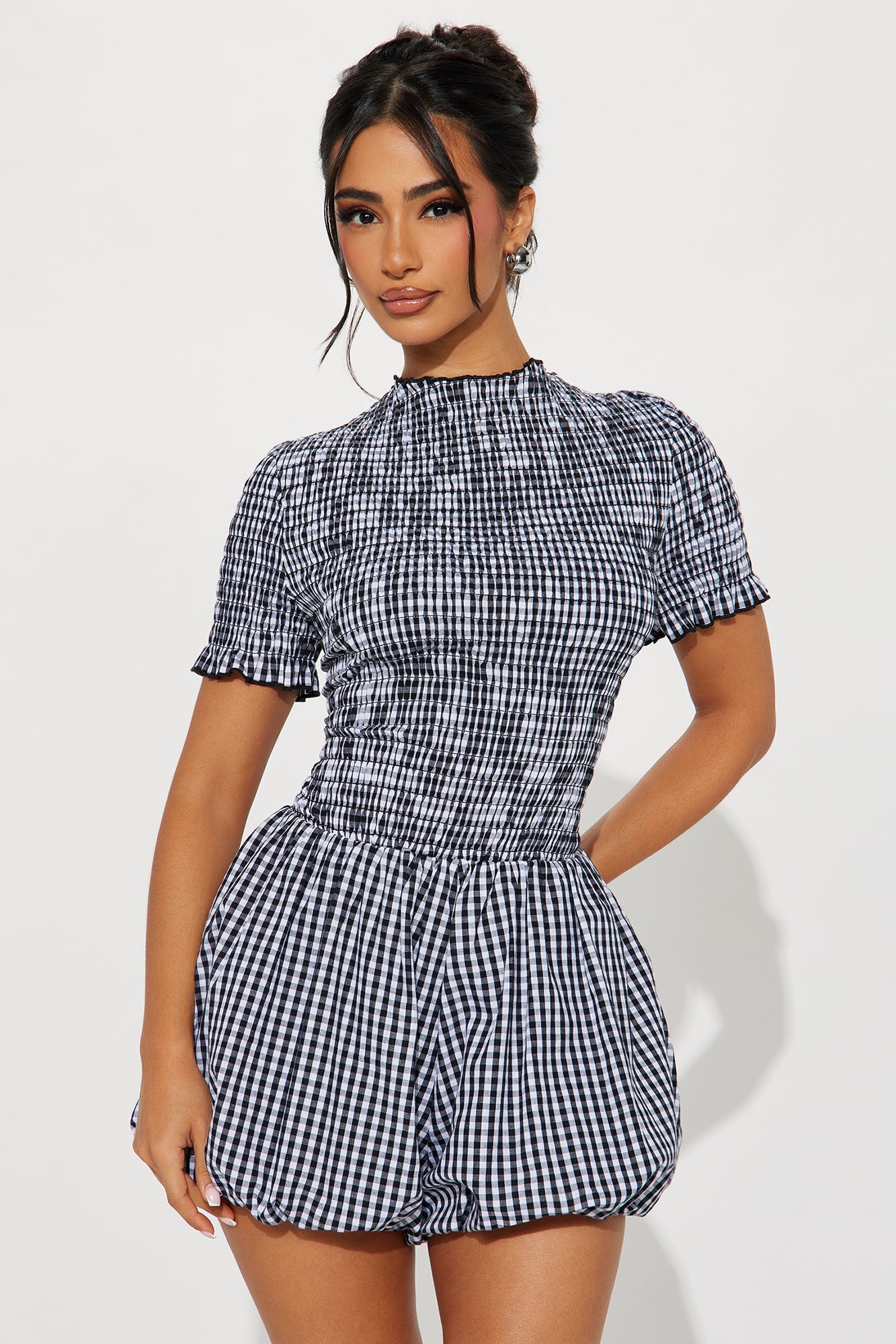 Garden Picnic Gingham Bubble Romper - Black/combo