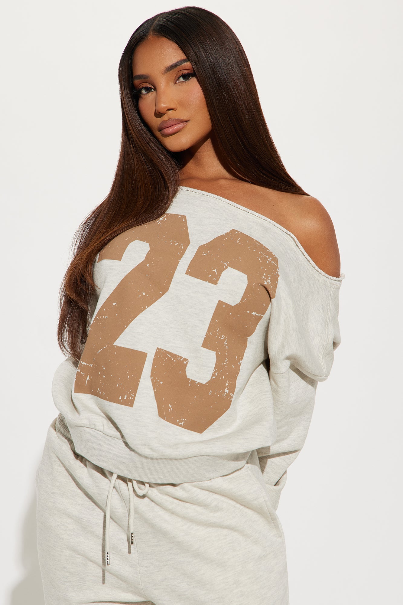 23 Off Shoulder Sweatsuit Set - Oatmeal