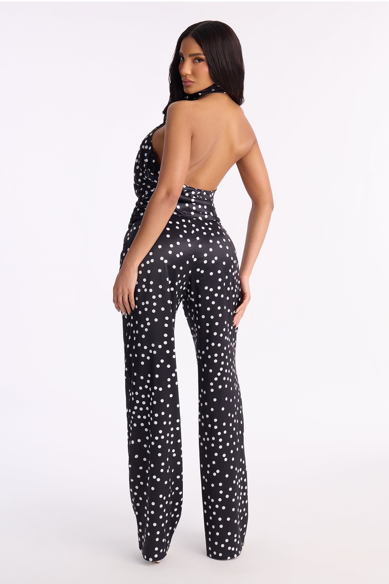Jimena Polka Dot Satin Halter Pant Set - Black/White