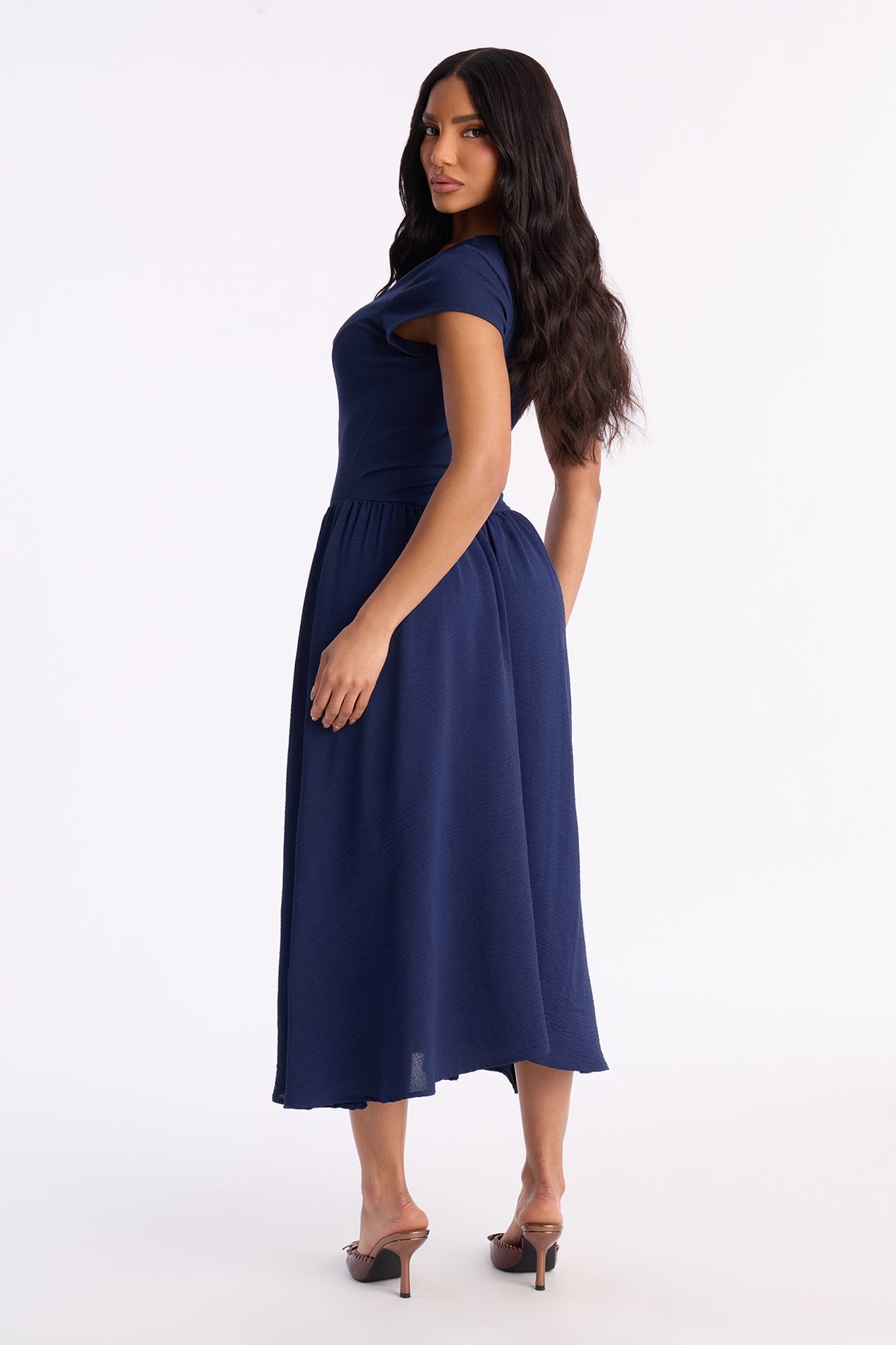 Rosalie Short Sleeve Ribbed Midi Dress - Navy