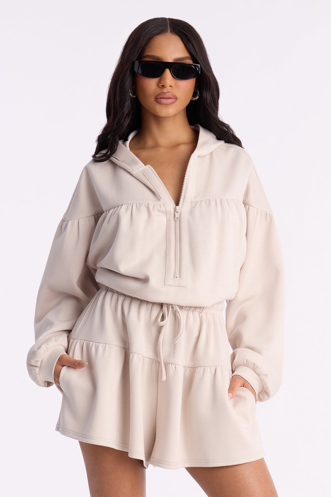 Ruffle And Rally Hooded Romper - Stone