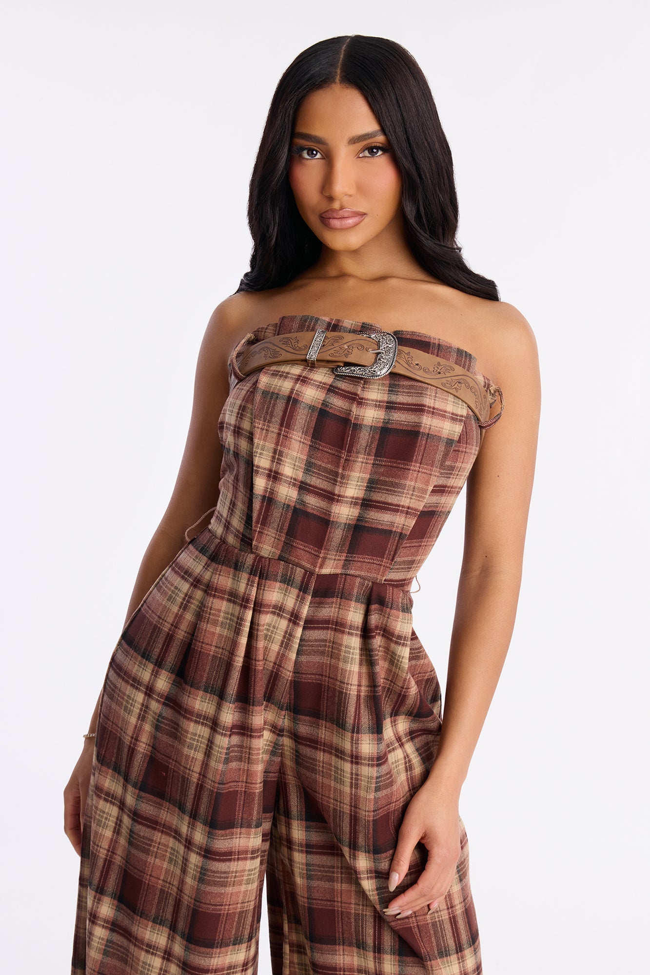 Harvest Chic Plaid Wide Leg Jumpsuit - Brown
