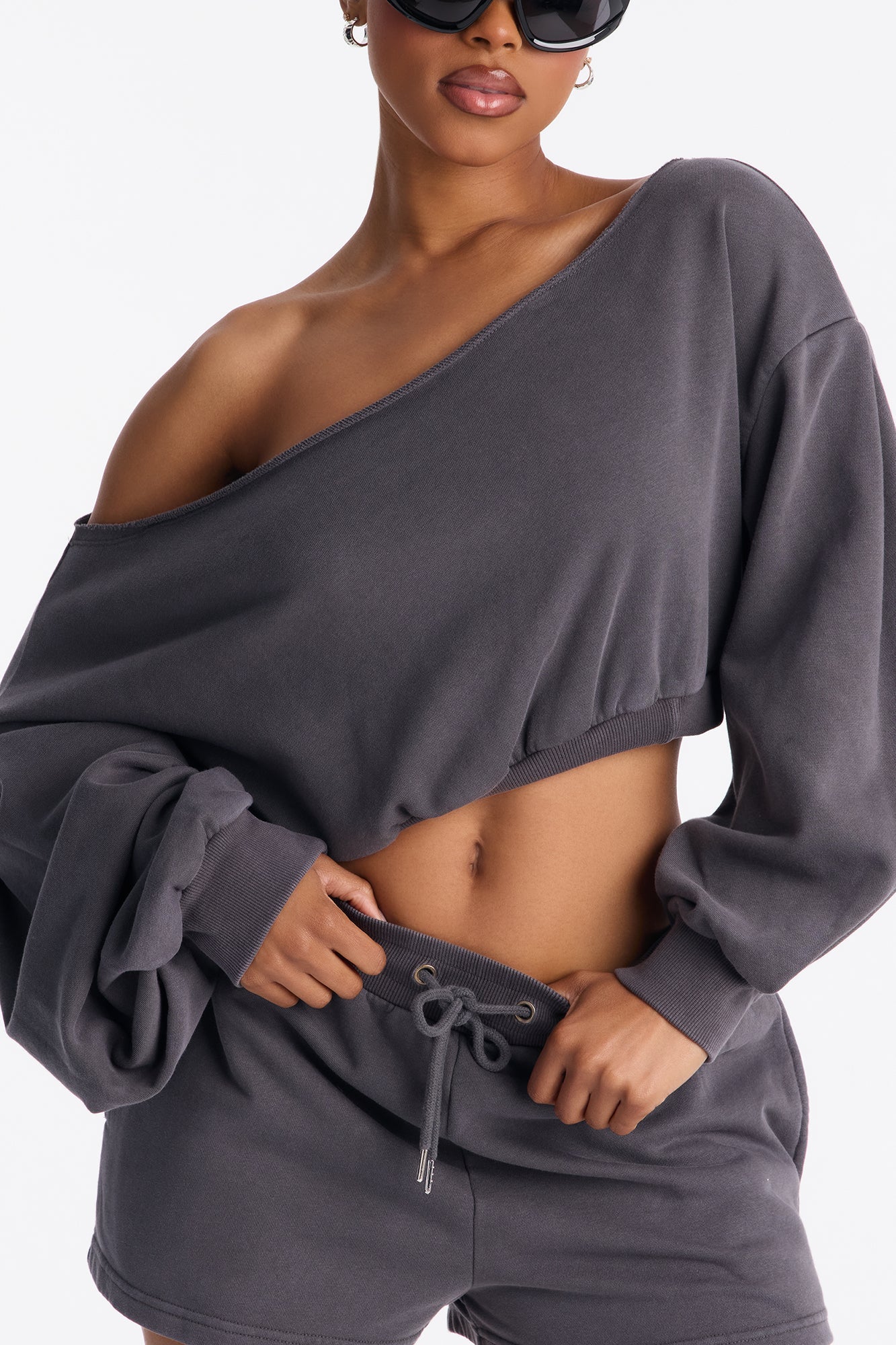 Come Find Me Washed Fleece Mix Short Set - Charcoal