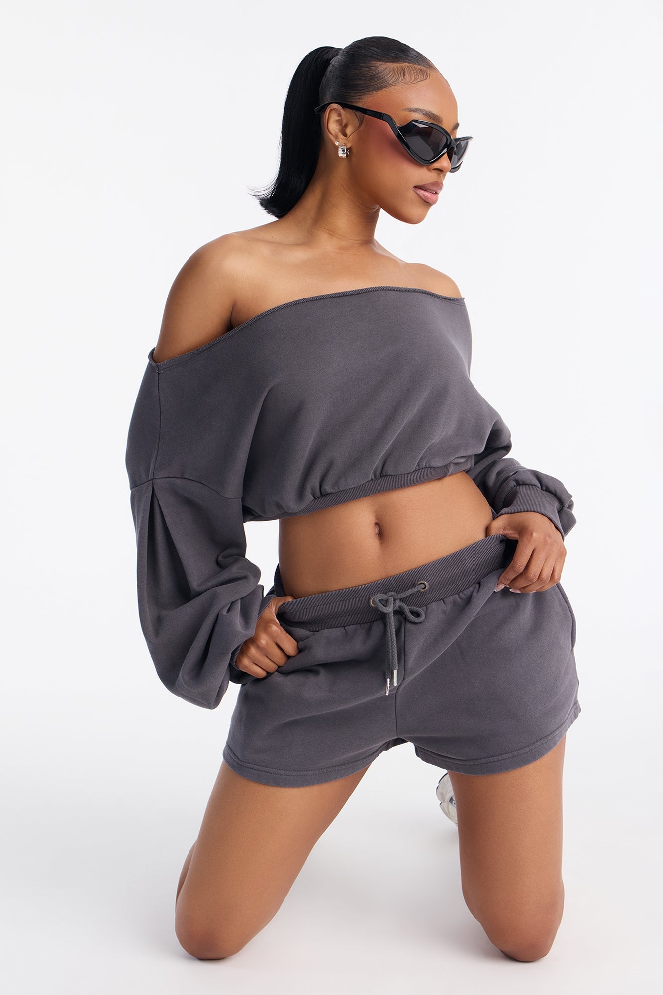 Come Find Me Washed Fleece Mix Short Set - Charcoal
