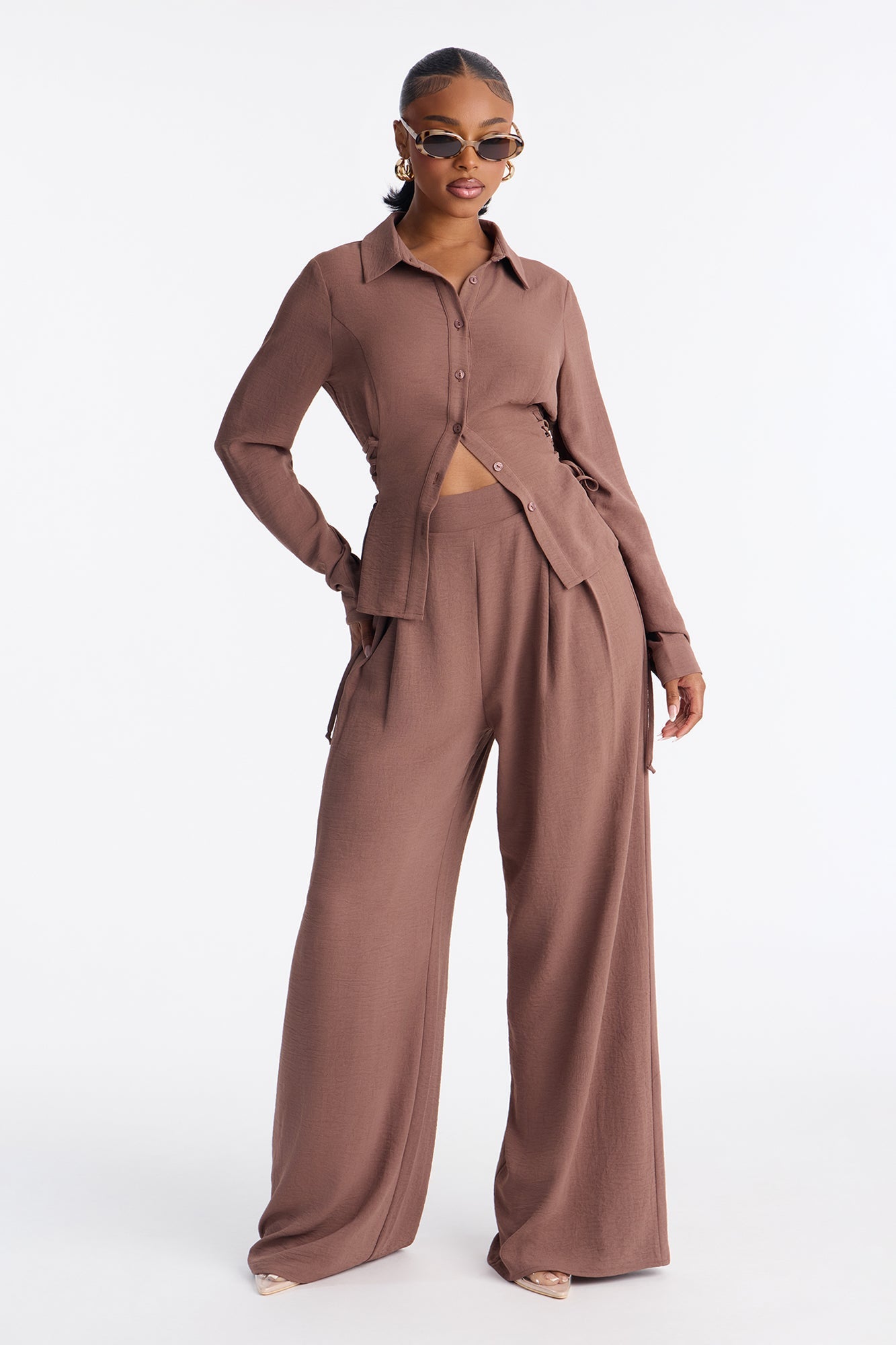 Lonnie Lace Up Sides Wide Leg Pant Set - Brown
