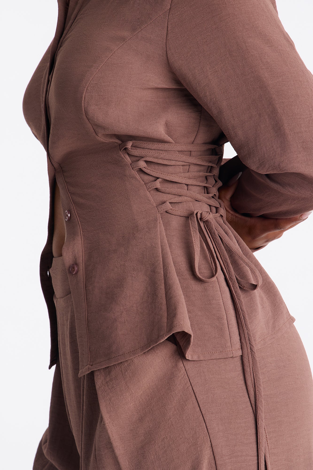Lonnie Lace Up Sides Wide Leg Pant Set - Brown