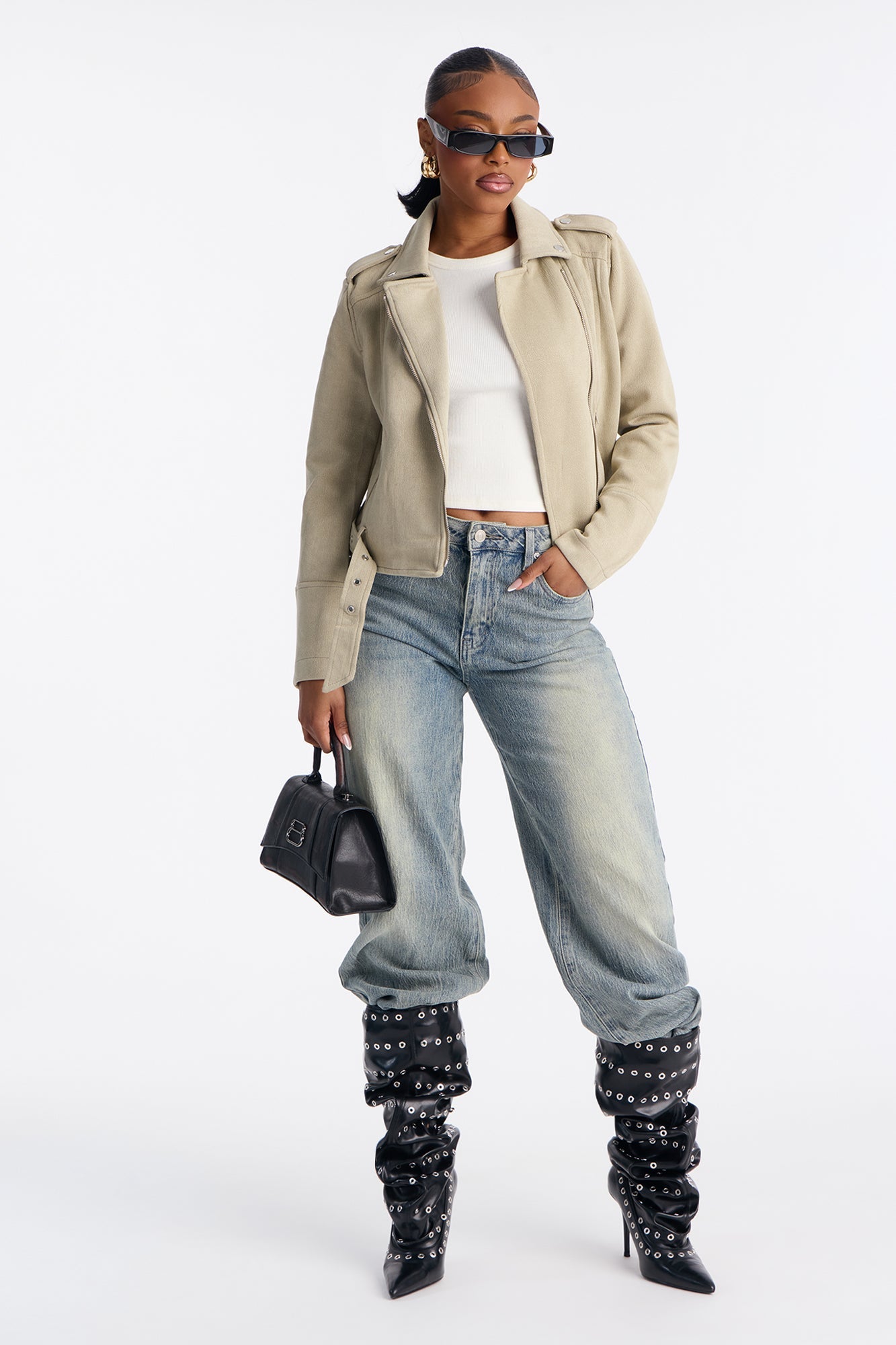 Inez Faux Suede Belted Moto Jacket - Sage