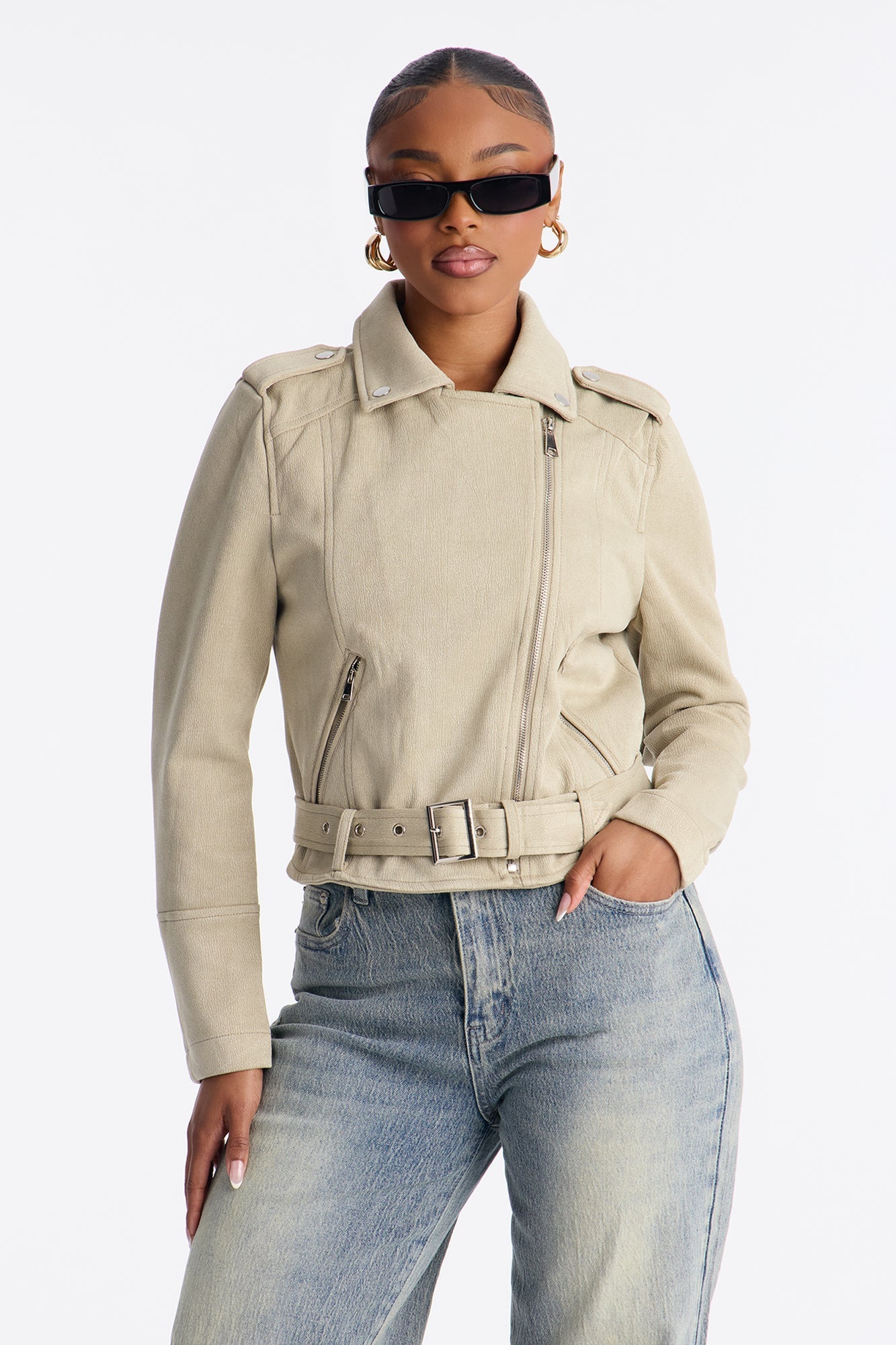 Inez Faux Suede Belted Moto Jacket - Sage