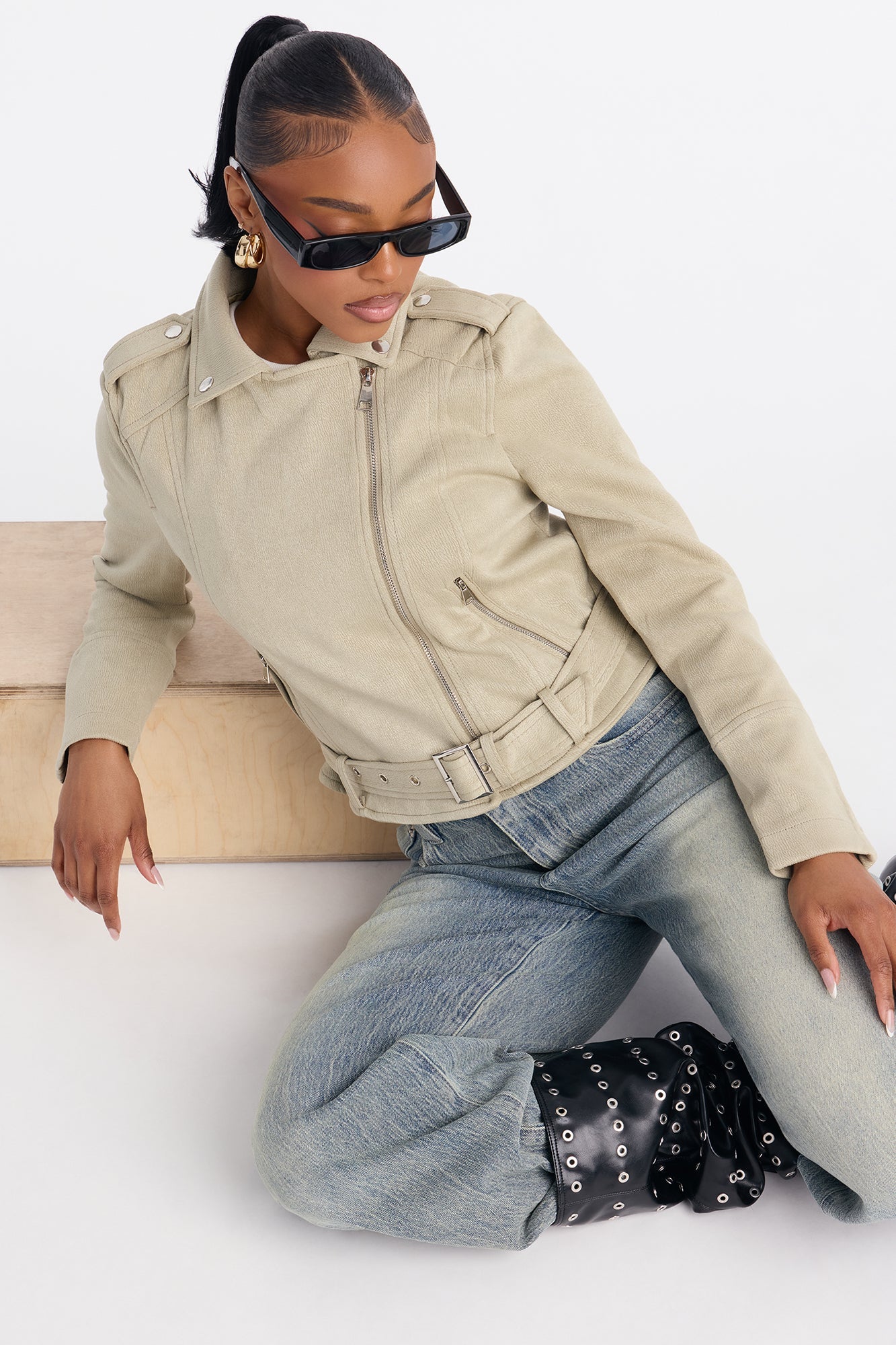 Inez Faux Suede Belted Moto Jacket - Sage