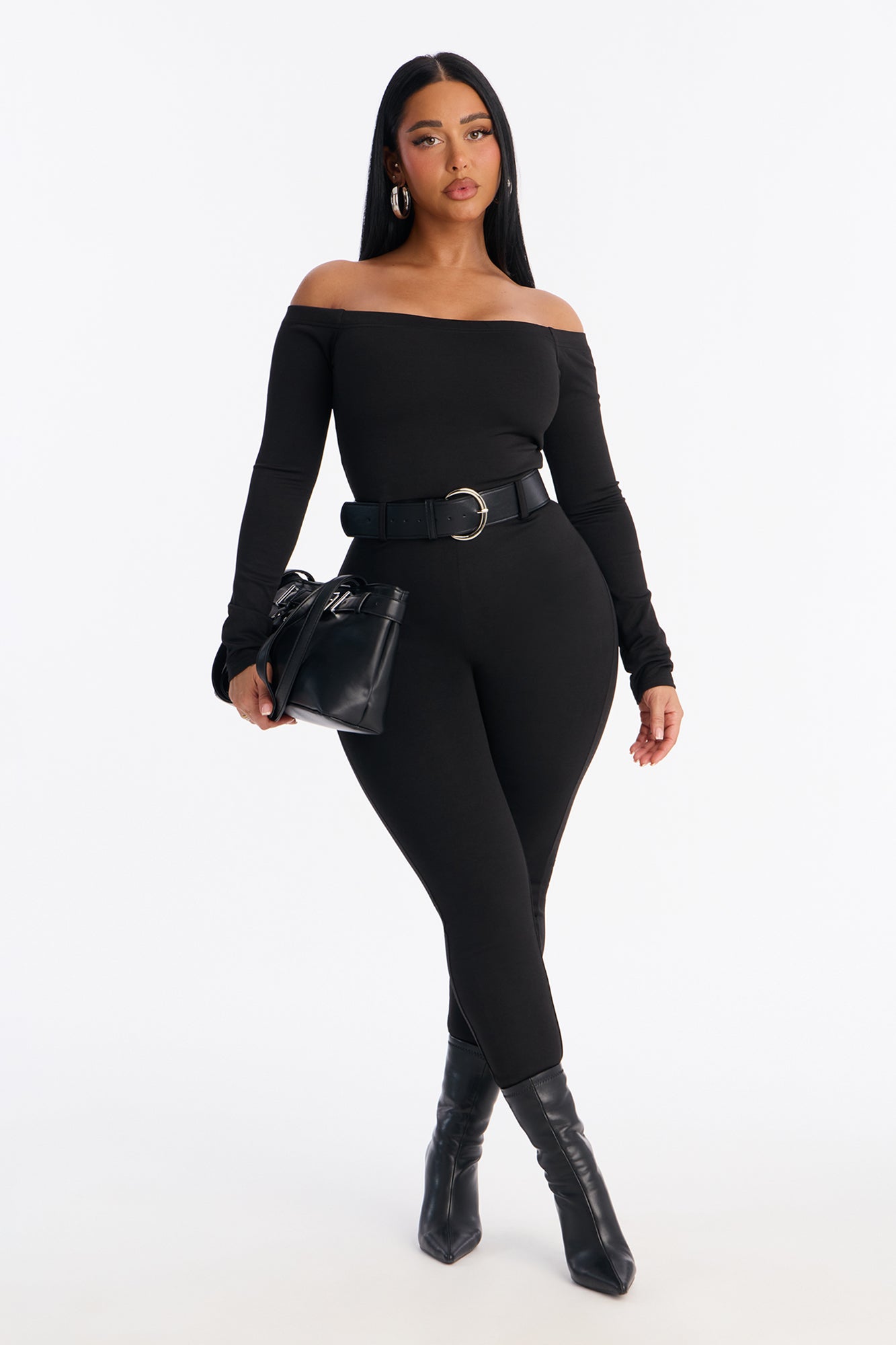 Jayna Belted Off Shoulder Catsuit - Black