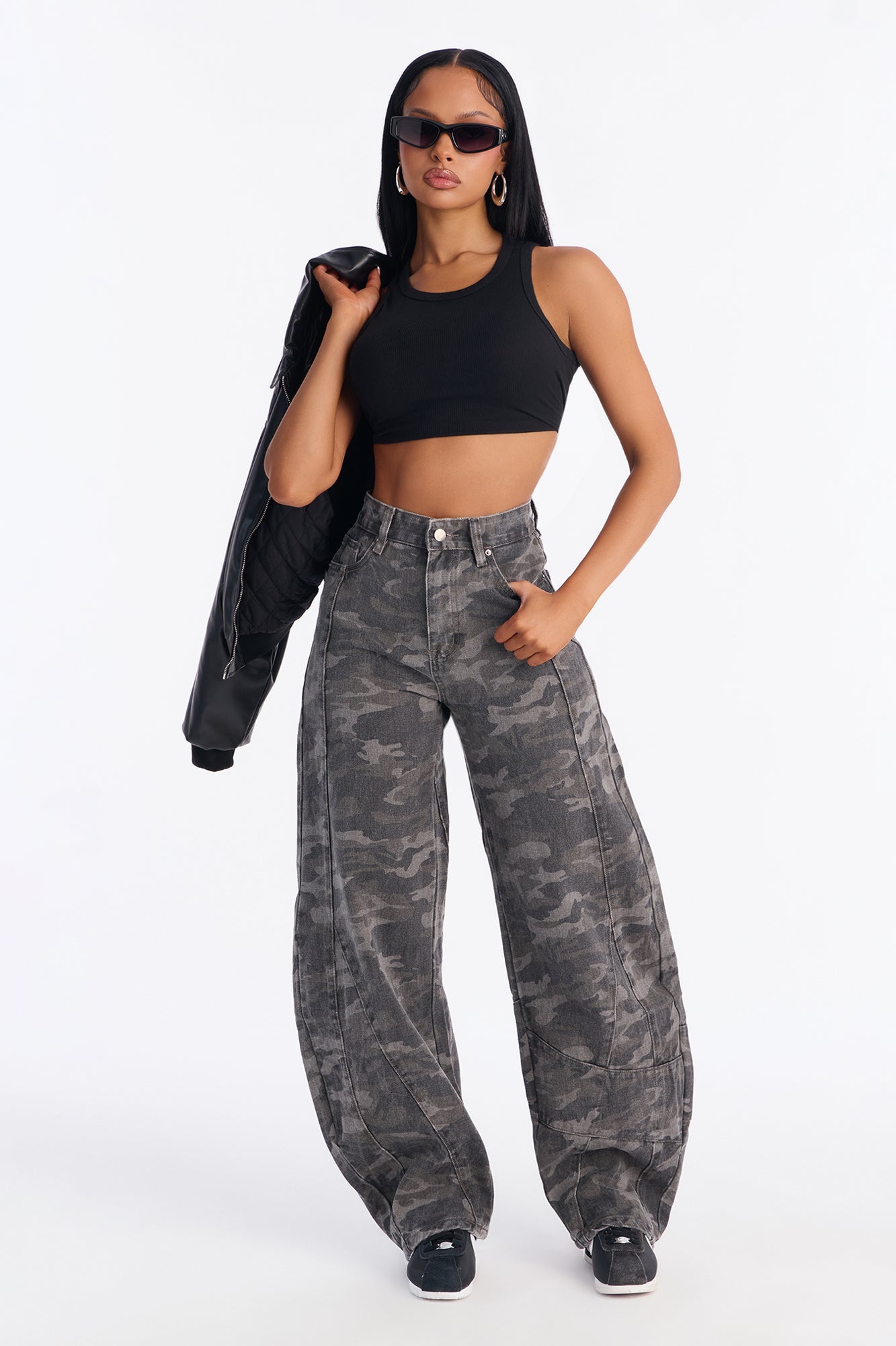 Now Or Never Camo Barrel Leg Jeans - Grey/combo