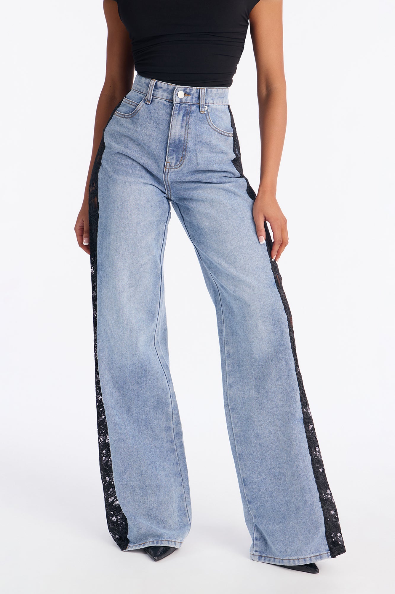 Feeling Fancy Lace Wide Leg Jeans - Light Wash