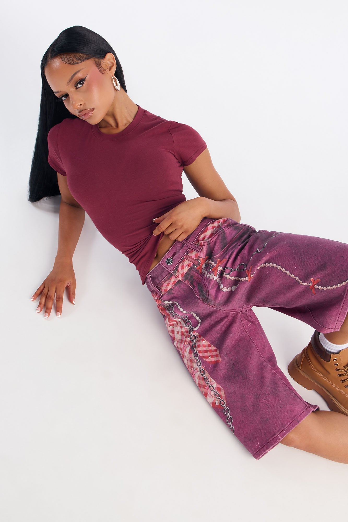 Tie It On Printed Denim Shorts - Burgundy/combo
