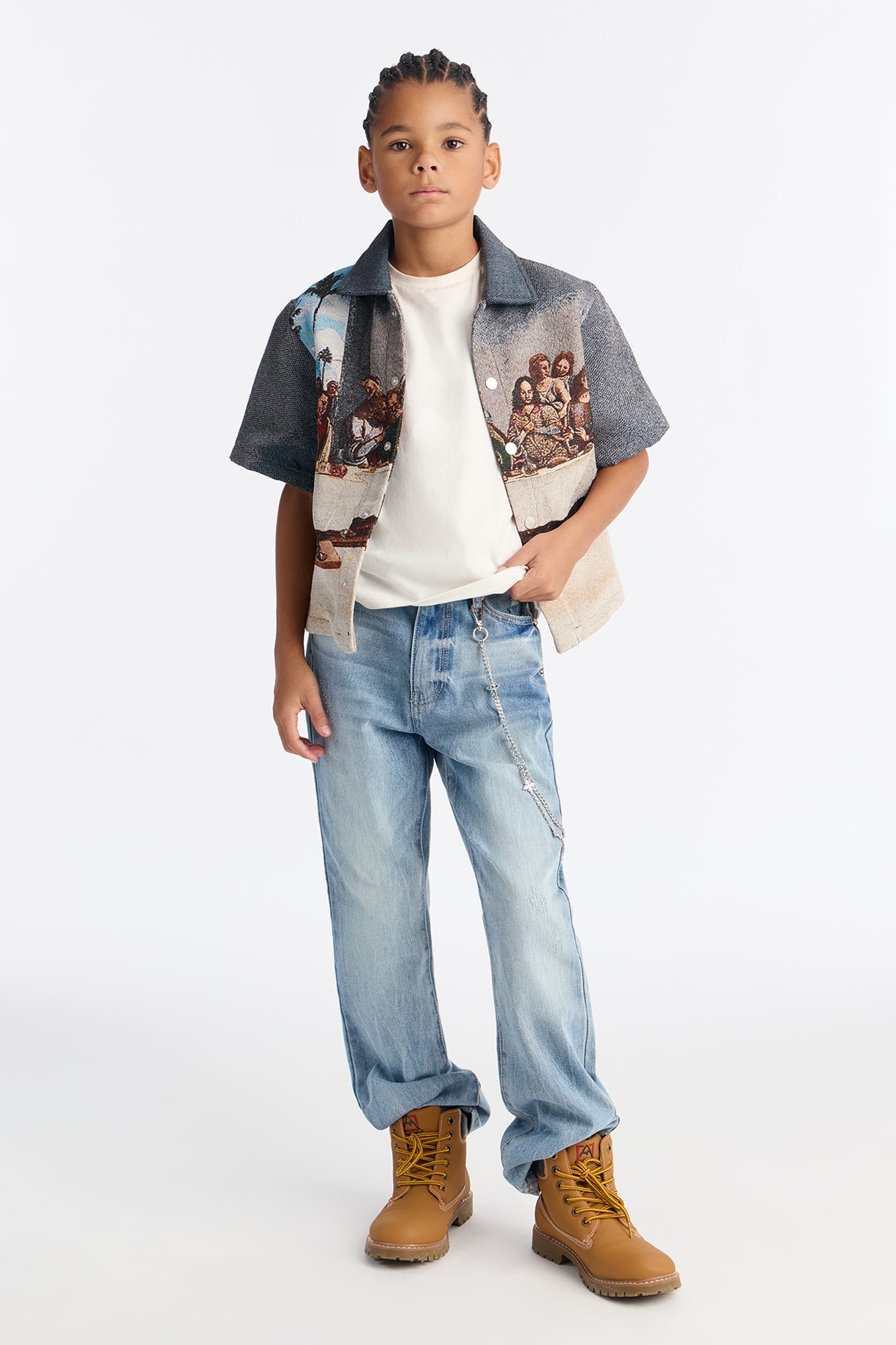 Mini Cropped Relaxed Palm Vinci Button Up Shirt - Multi Color