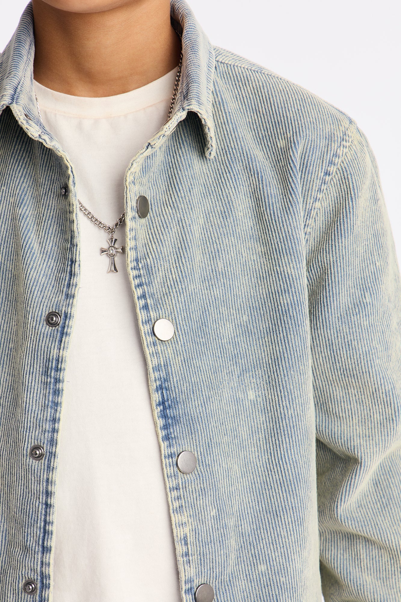 Mini Chi Town Corduroy Button Up Shirt - Distressed Blue Wash