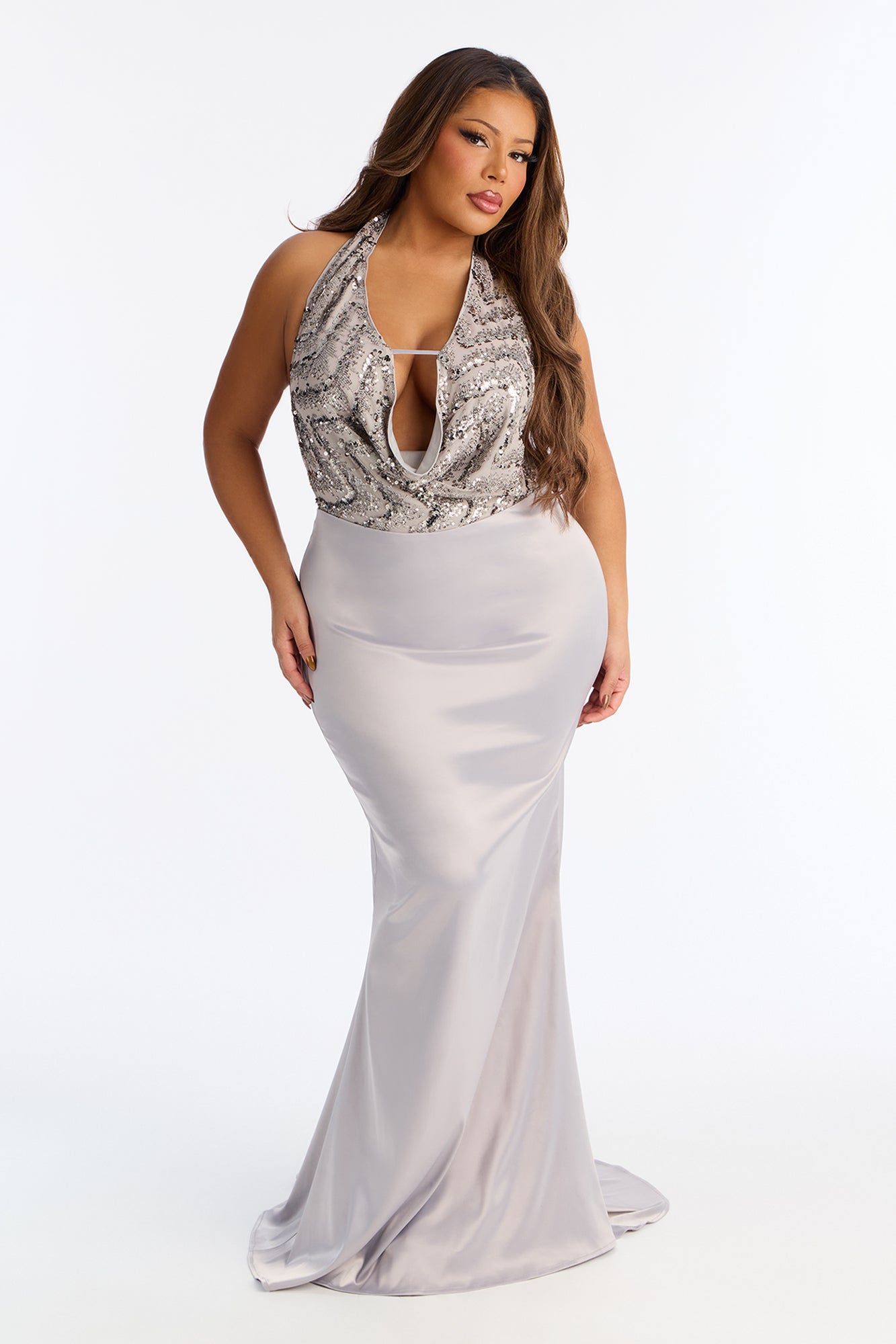 Revina Sequin Satin Gown - Silver