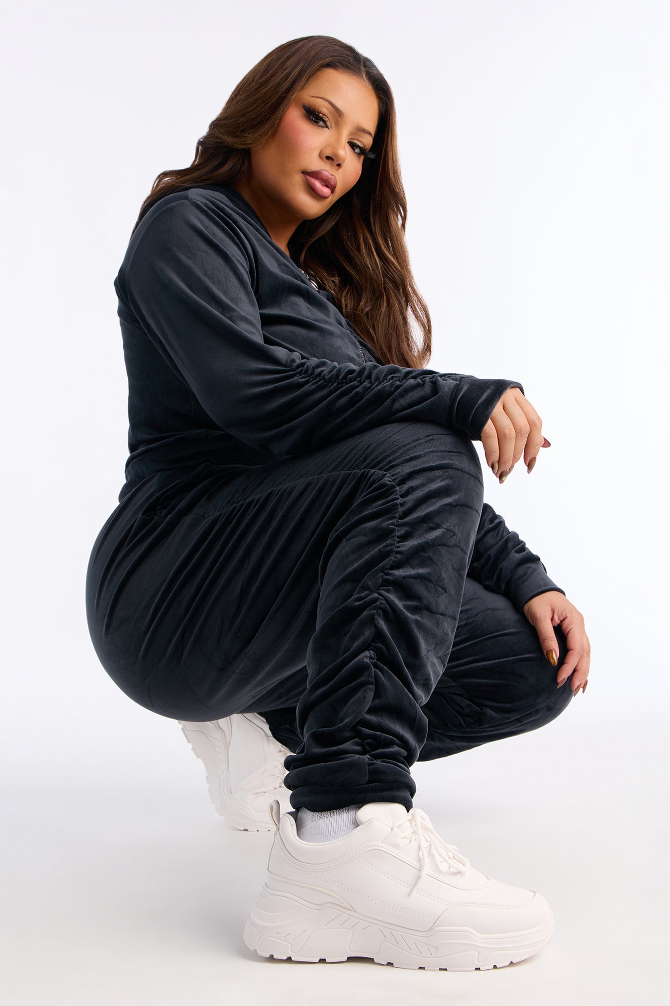Soft Girl Energy Ruched Velour Jogger Set - Black