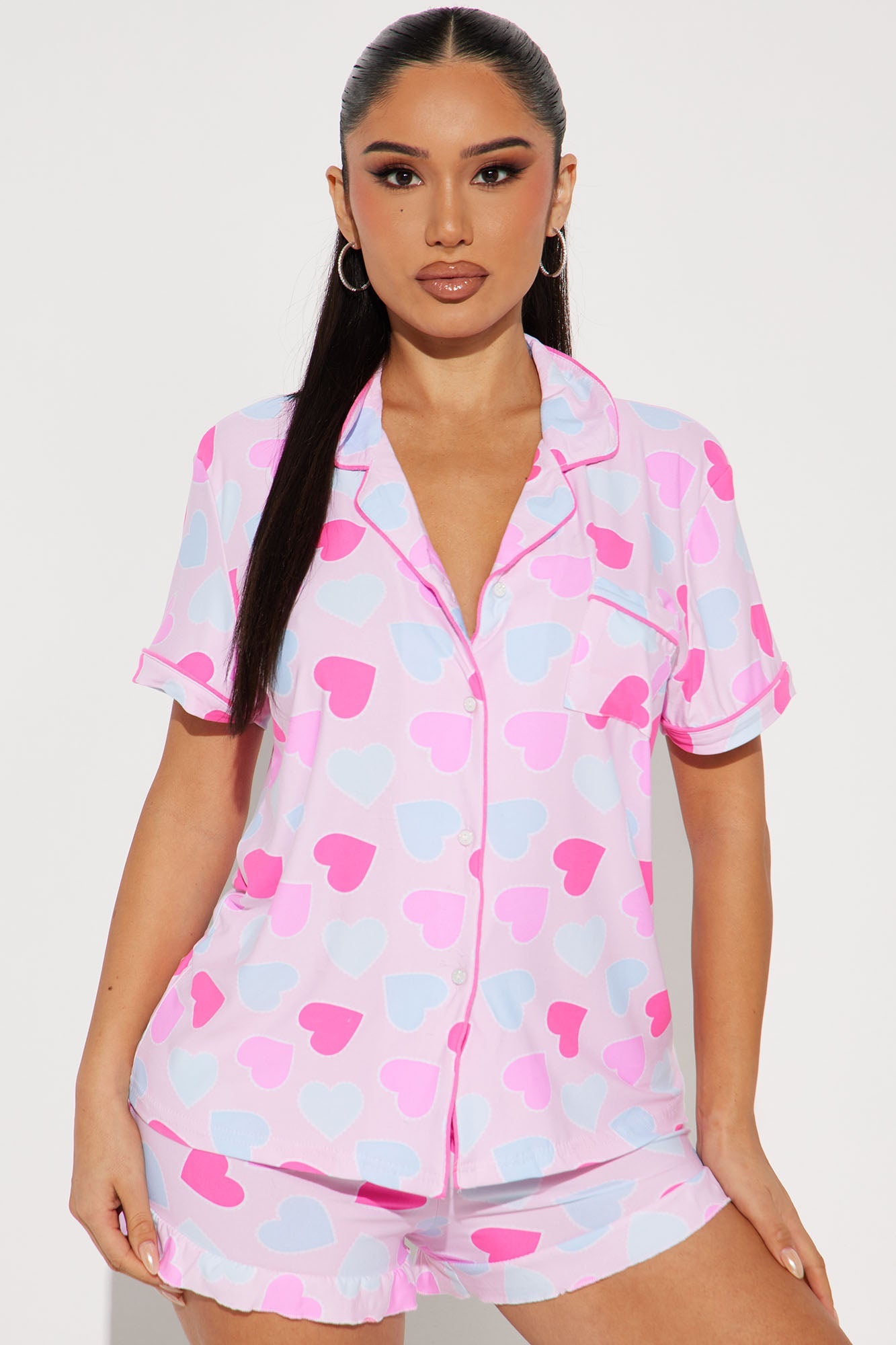 Love You Too PJ Short Set - Pink/combo