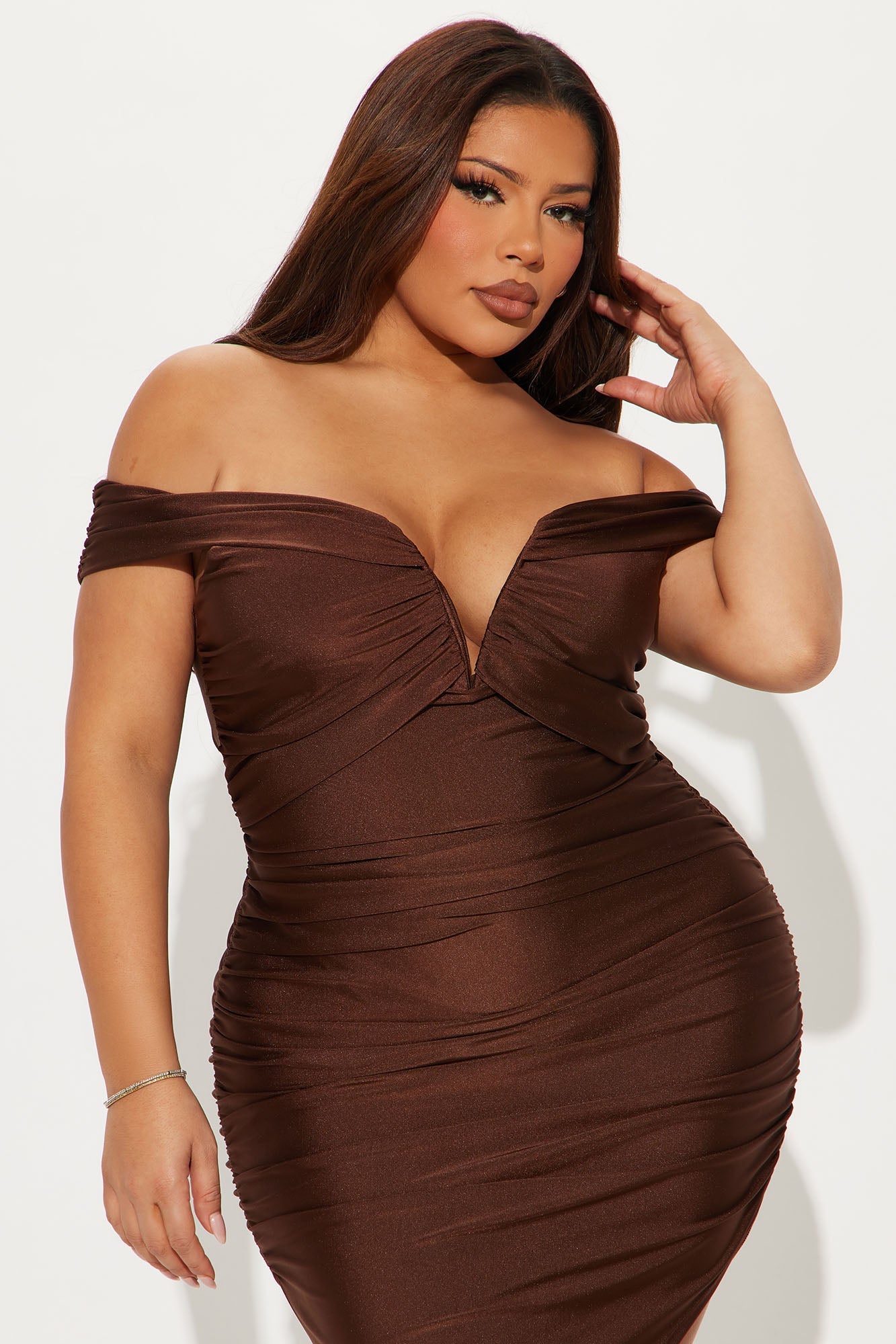 Rosalinda Off Shoulder Midi Dress - Chocolate