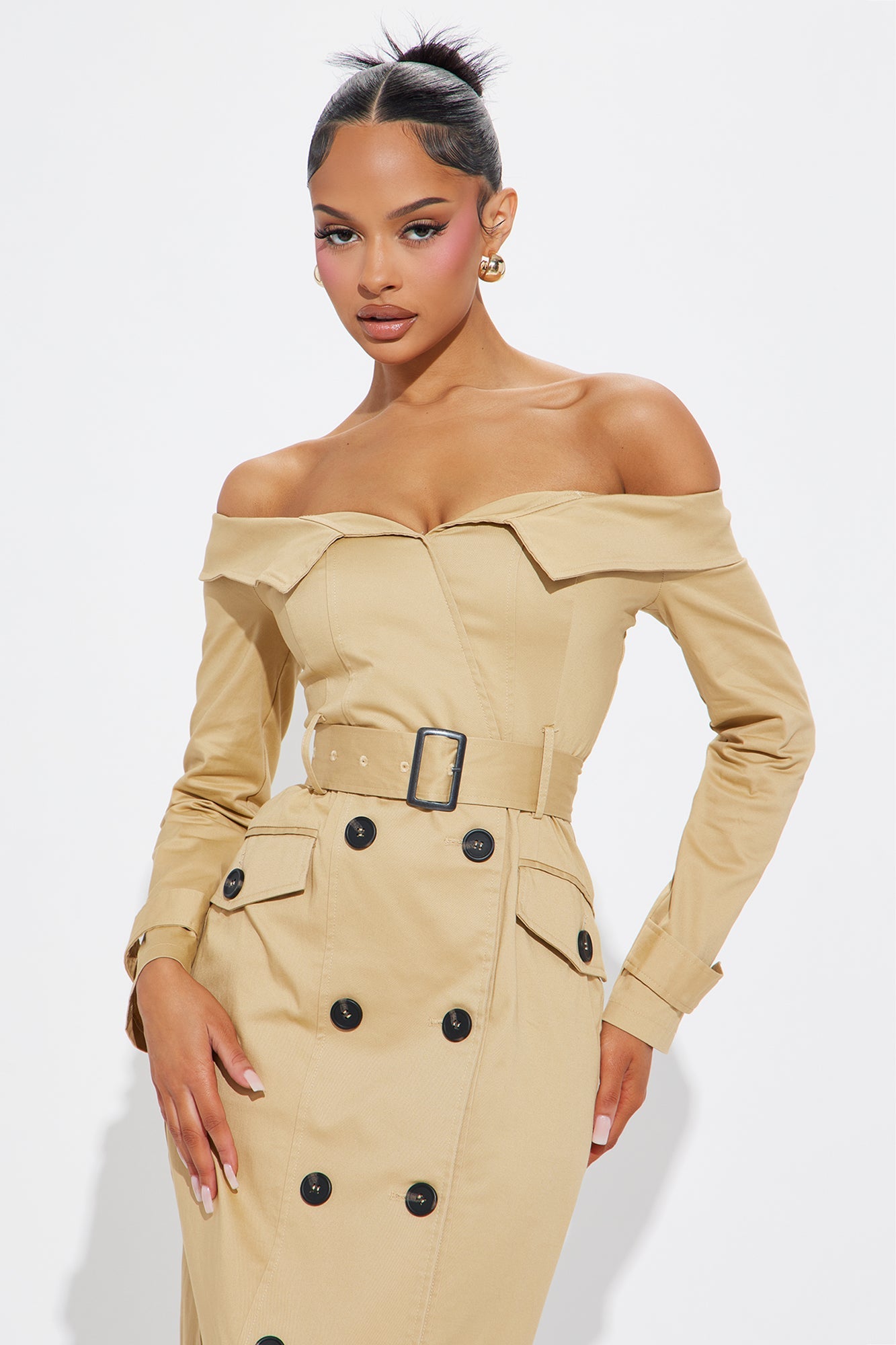 Downtown Diva Belted Trench Coat Midi Dress - Khaki