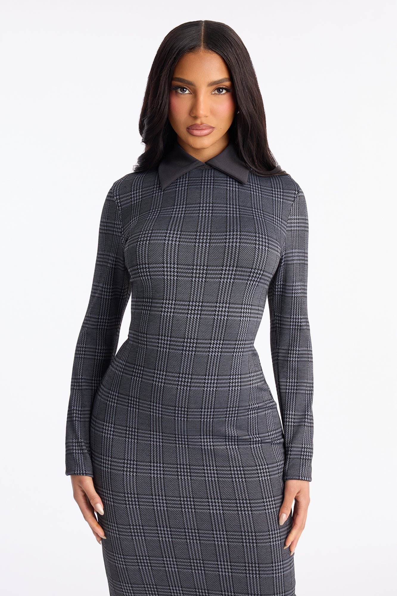 Tori Collar Houndstooth Midi Dress - Grey
