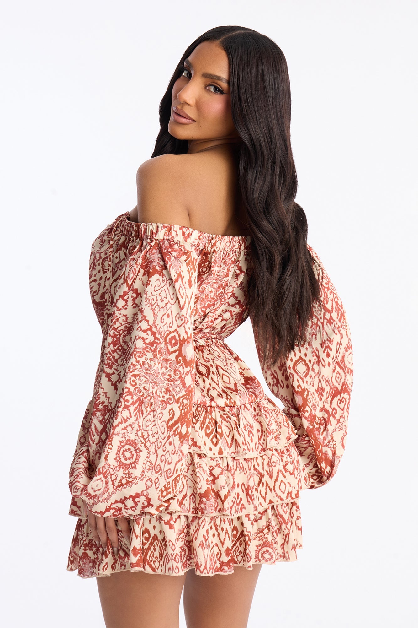 Cleo Off Shoulder Satin Mini Dress - Rust/combo