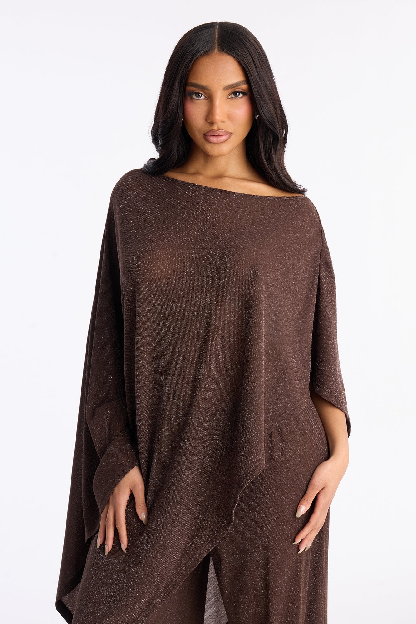 Yareli Metallic Mesh Cape Pant Set - Chocolate