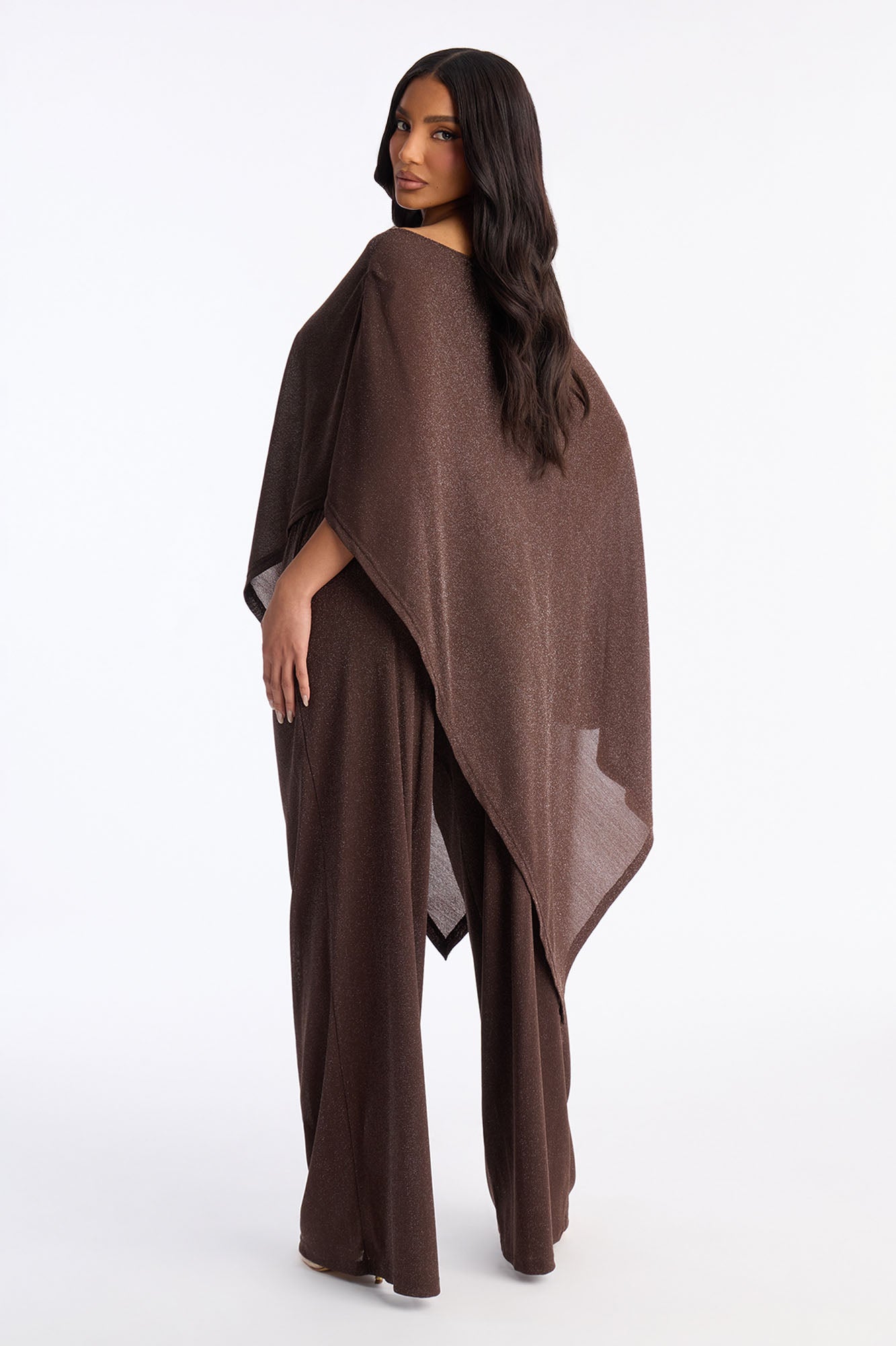 Yareli Metallic Mesh Cape Pant Set - Chocolate
