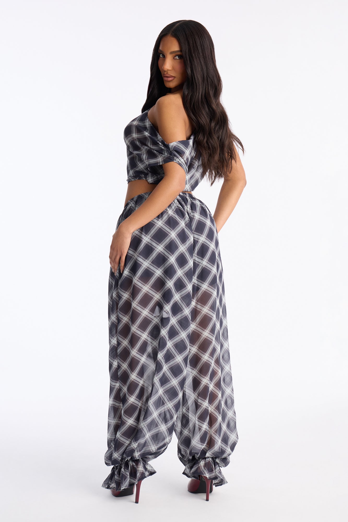 Mina Plaid Chiffon Balloon Pant Set - Navy/combo