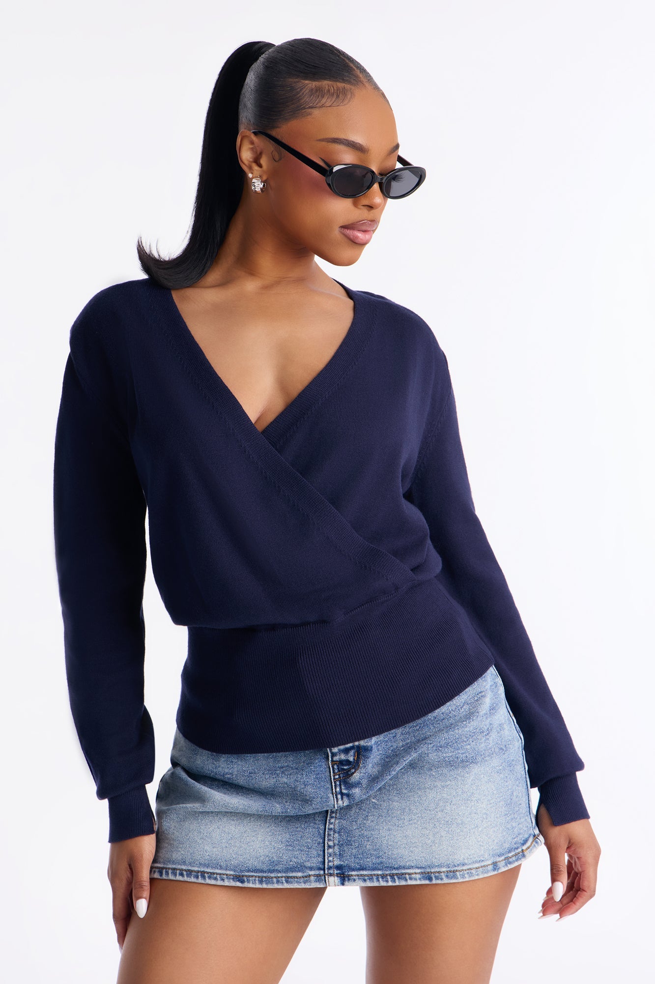 Amelia Shoulder Pads Surplice Sweater Top - Navy