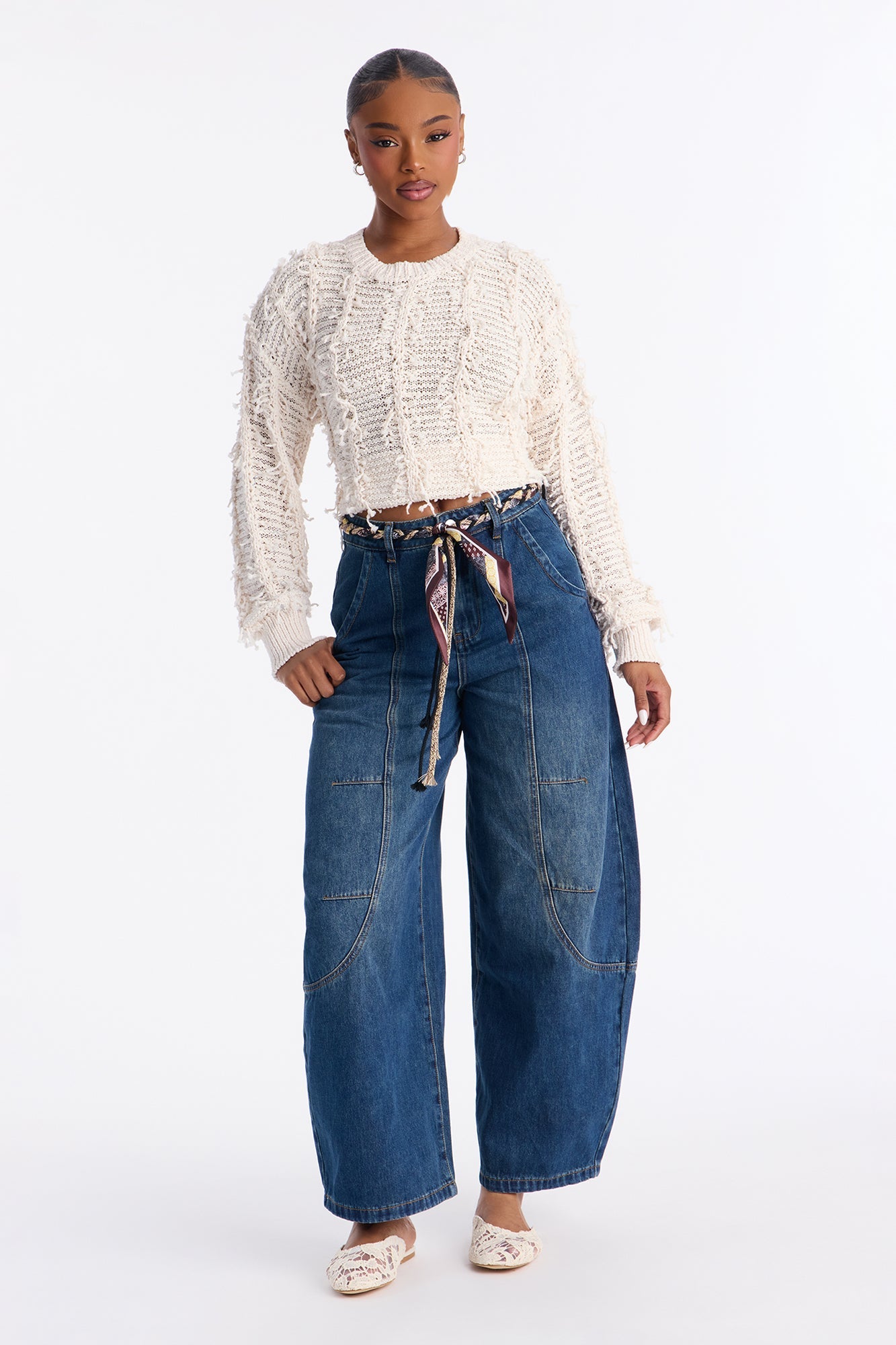 Euro Trip Belted Barrel Leg Jeans - Dark Wash