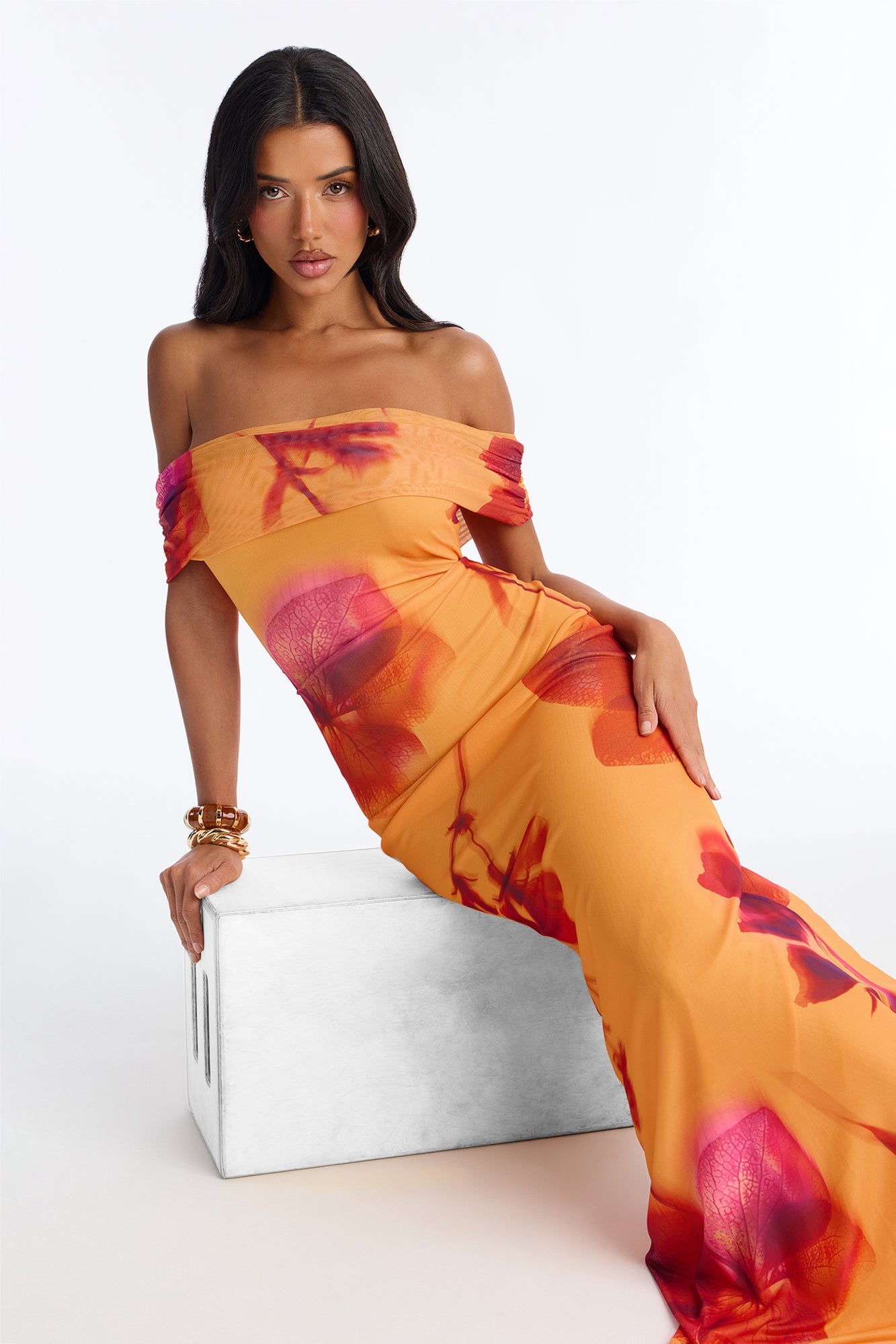 Emilee Off Shoulder Mesh Maxi Dress - Orange/combo
