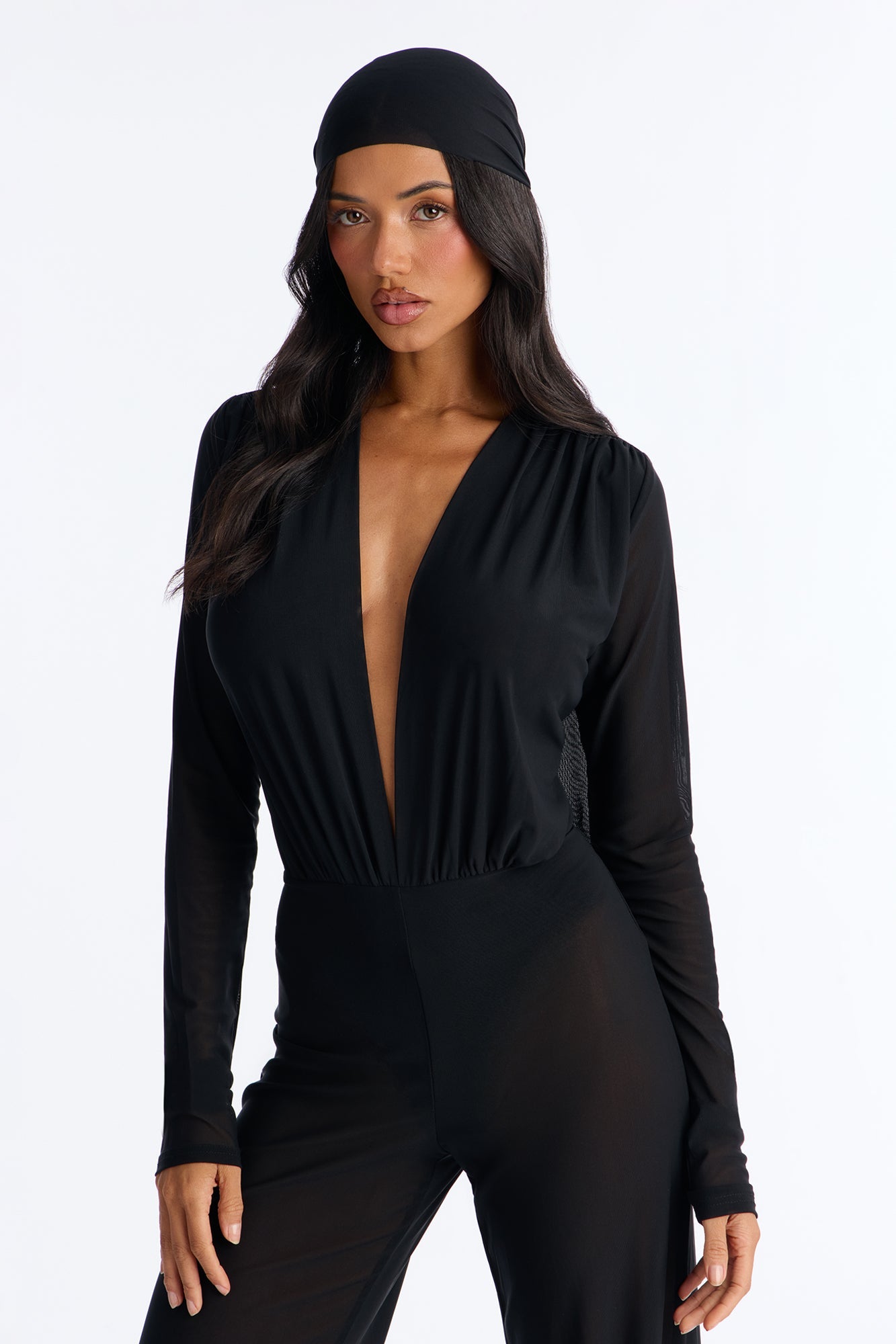 Sara Plunge Neck Jumpsuit And Headscarf 2 Piece Set - Black