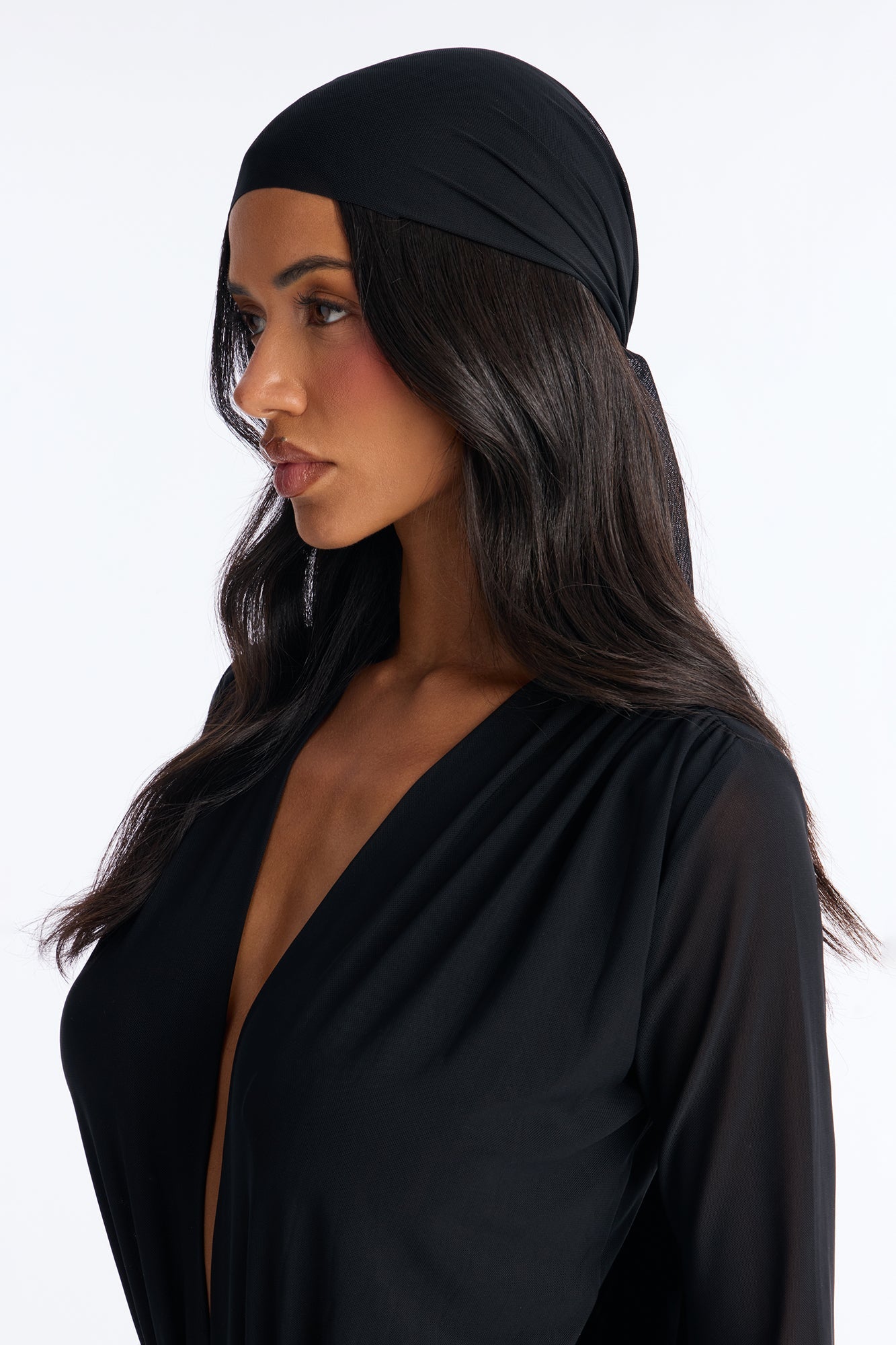 Sara Plunge Neck Jumpsuit And Headscarf 2 Piece Set - Black