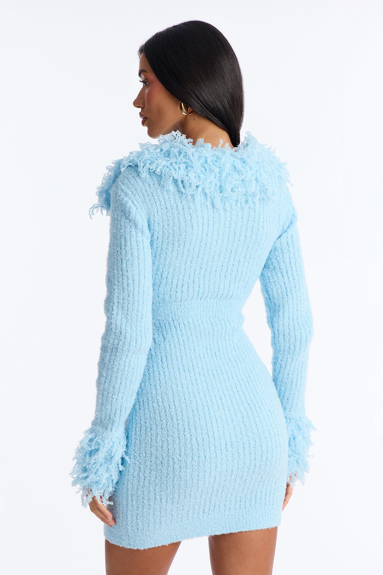 Zahra Fringe Trim Sweater Mini Dress - Light Blue