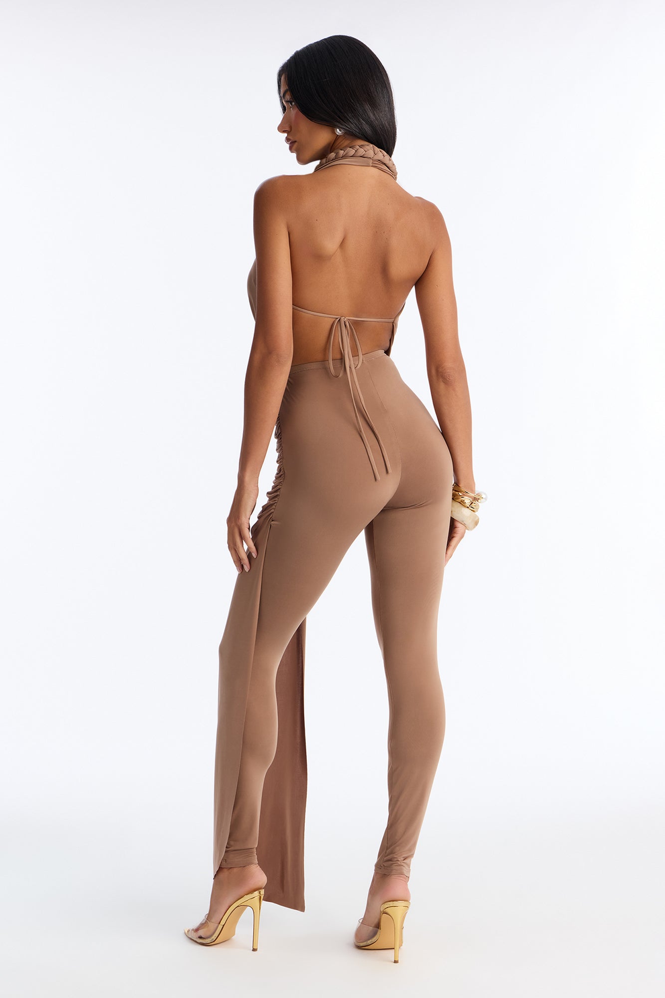 Lara Backless Draped Catsuit - Mocha