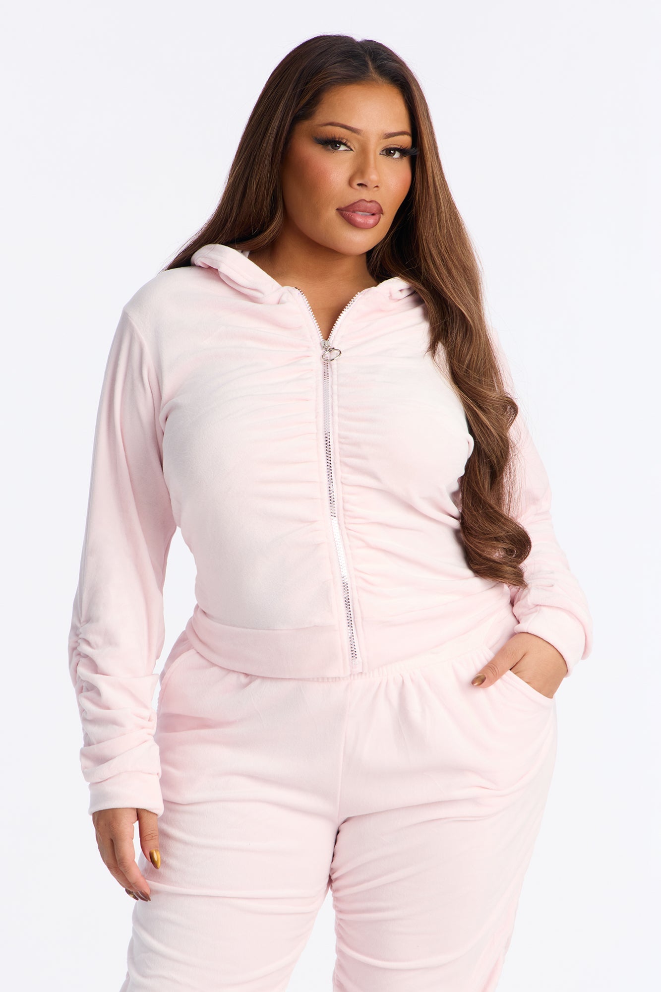 Soft Girl Energy Ruched Velour Jogger Set - Pink