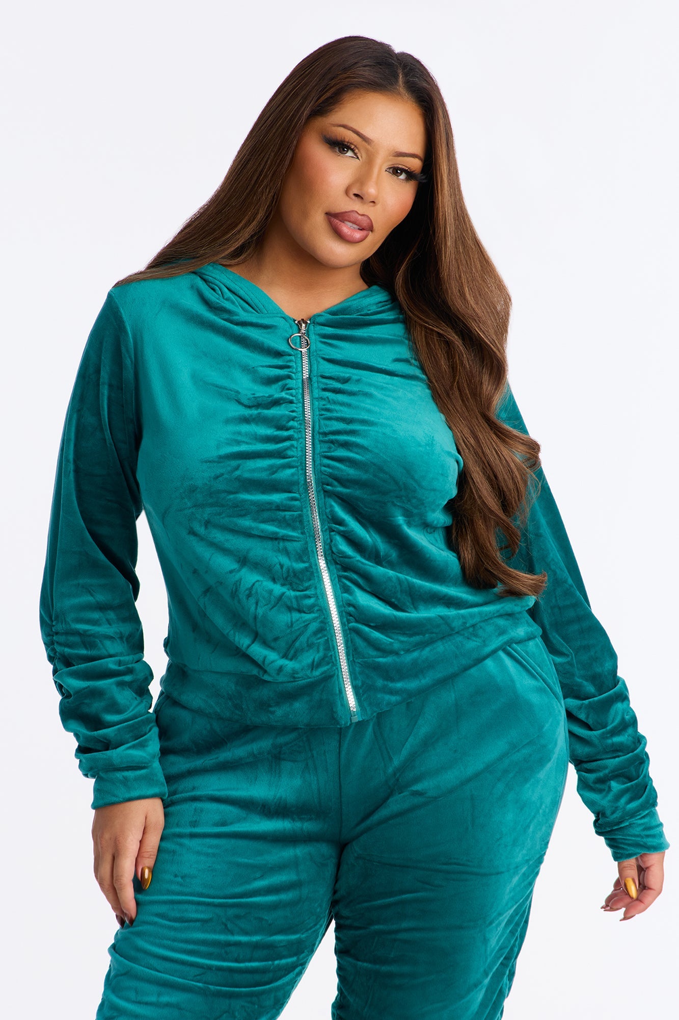 Soft Girl Energy Ruched Velour Jogger Set - Hunter Green