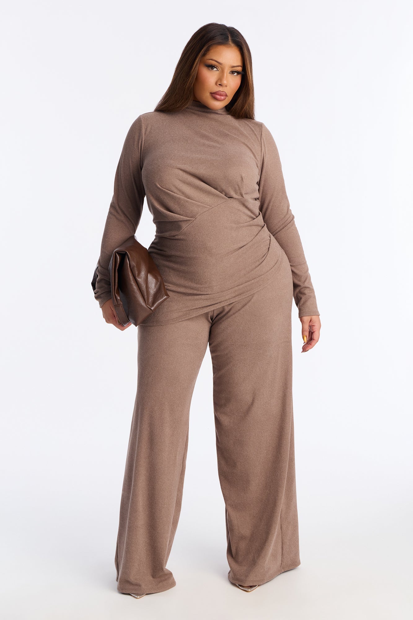 Rosie Brushed Knit High Neck Pant Set - Brown