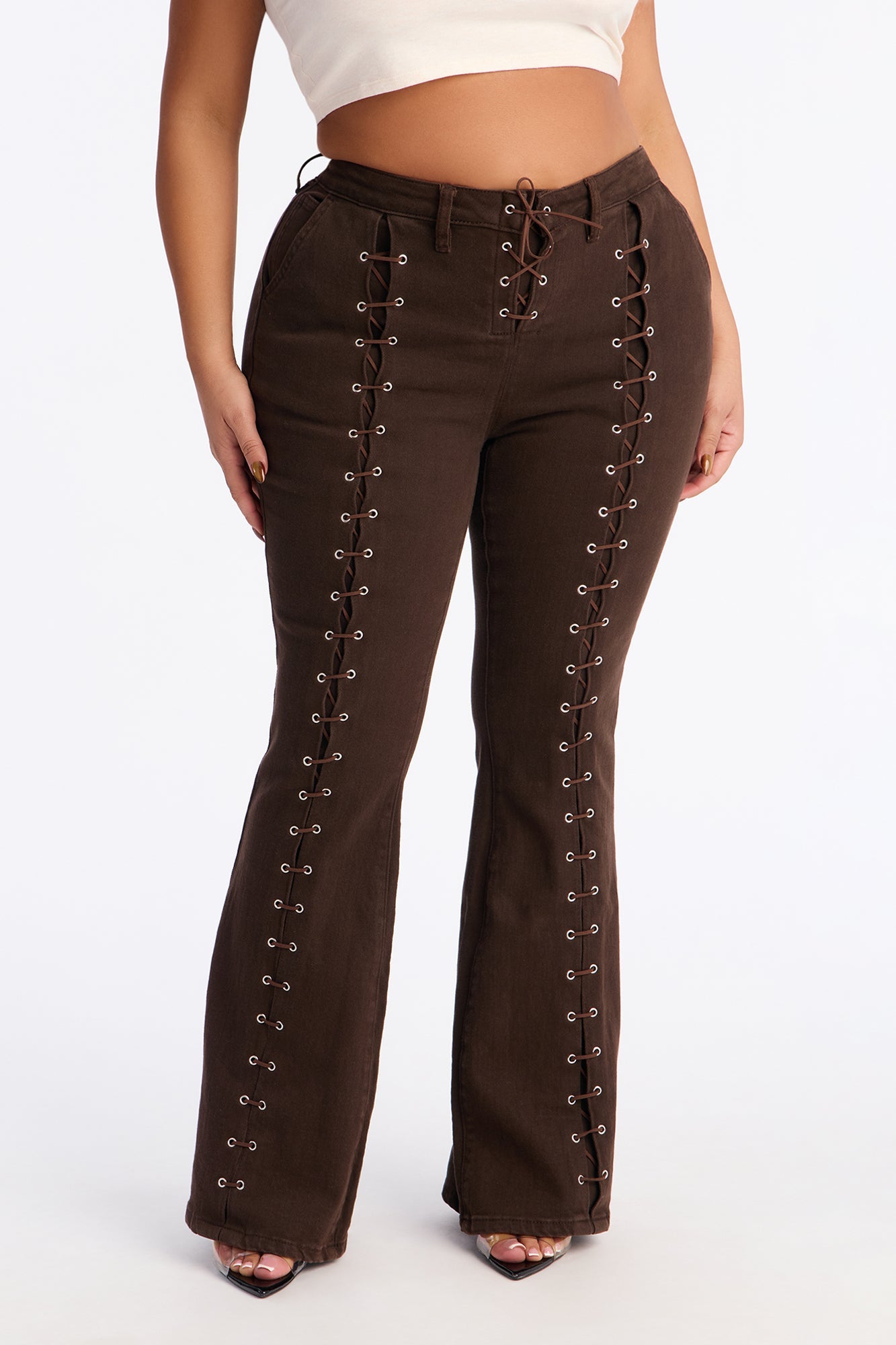 Maddy Lace Up Flare Jeans - Brown