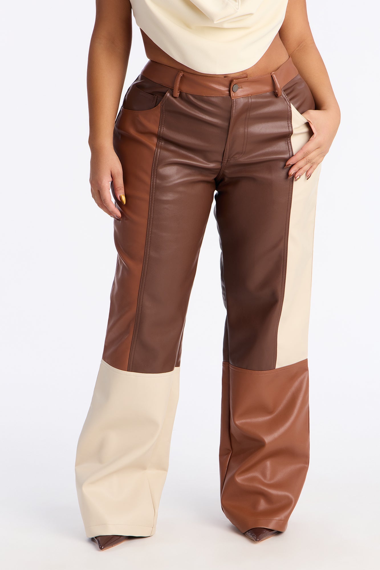 Mixed Feelings Faux Leather Straight Leg Pant 32″ - Brown/combo