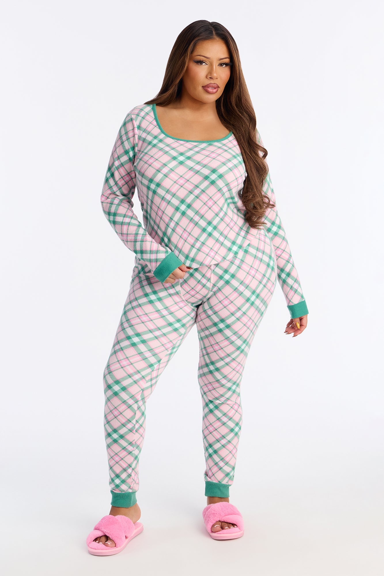 Feeling Sleepy Waffle Long Sleeve PJ Pant Set - Pink/combo