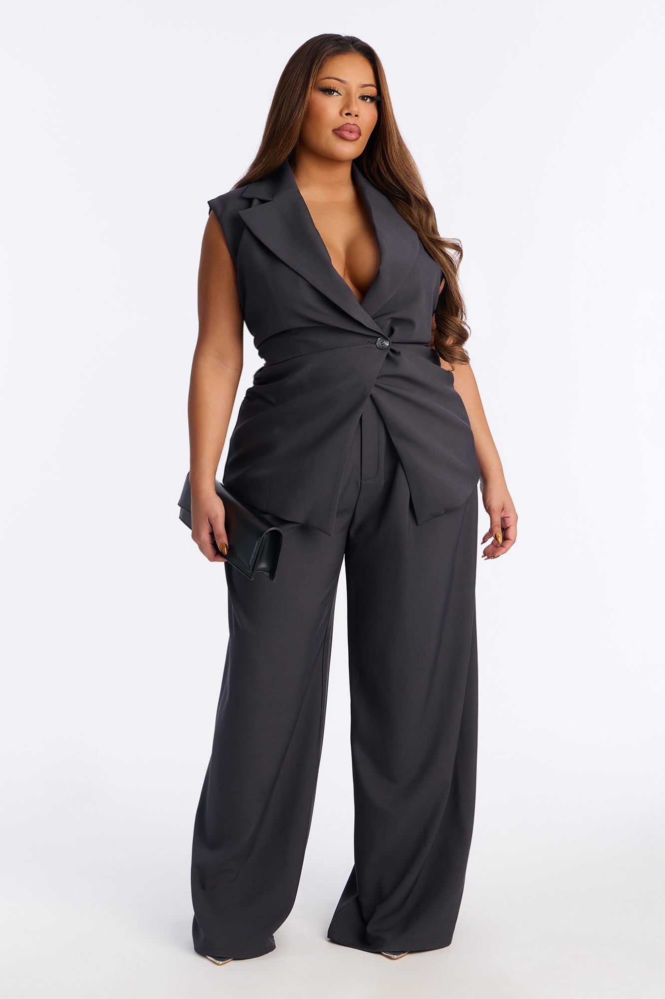 Shannon Cinched Vest Pant Set - Charcoal