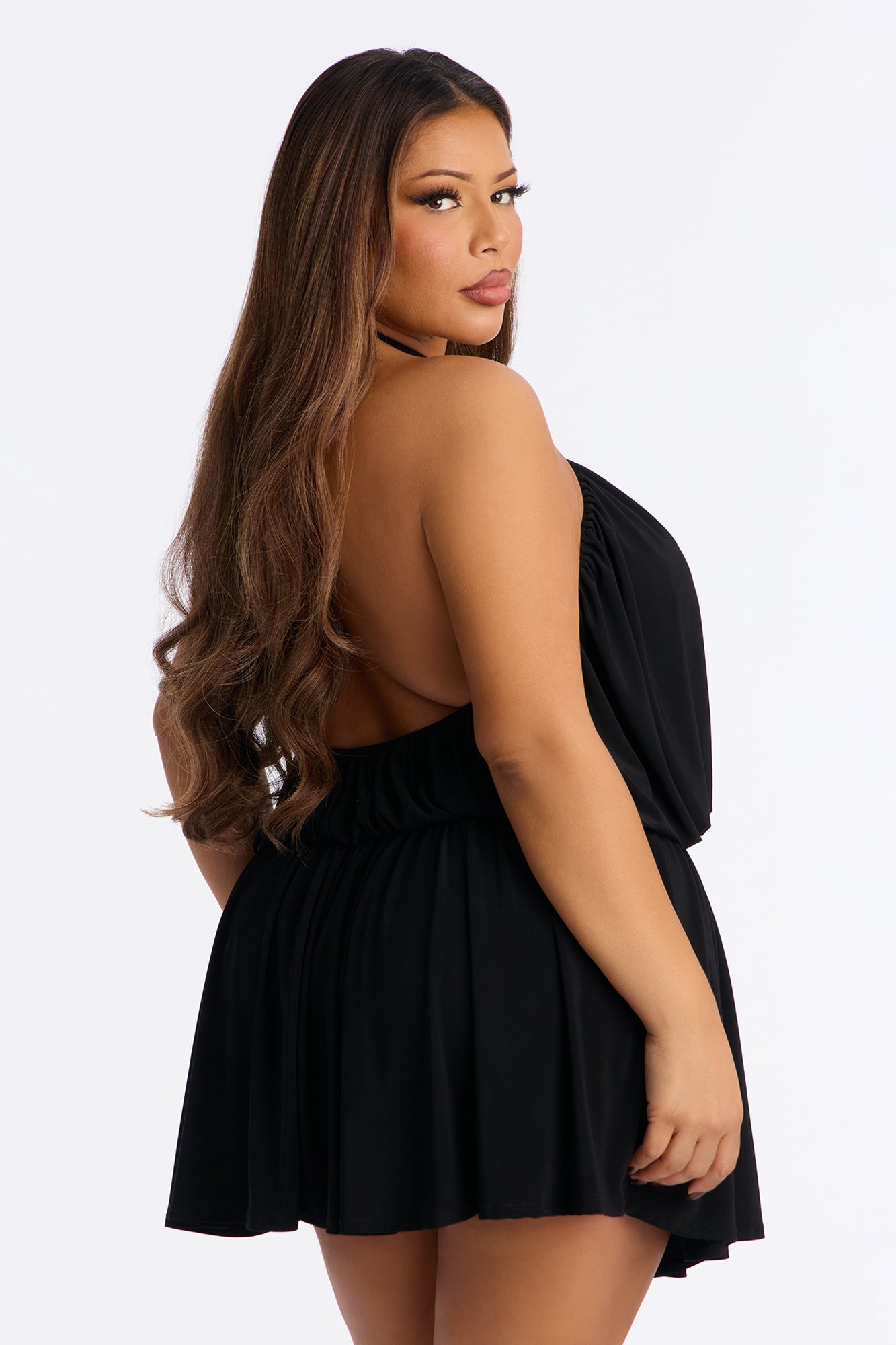 Kiana Pleated Halter Mini Dress - Black