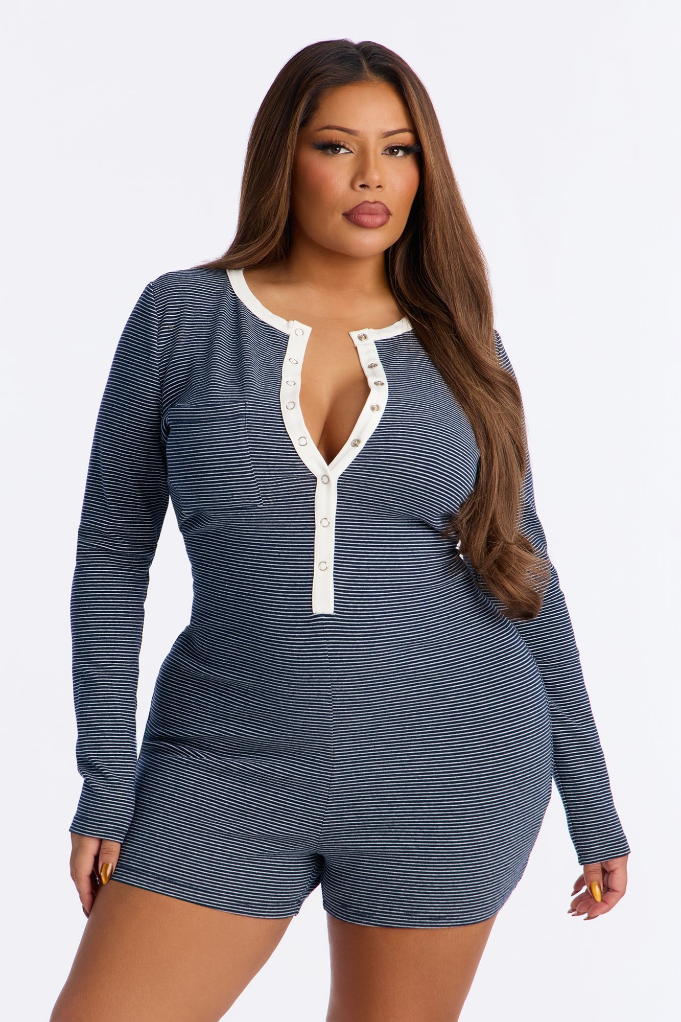Cynthia Striped Micro Short Romper - Navy