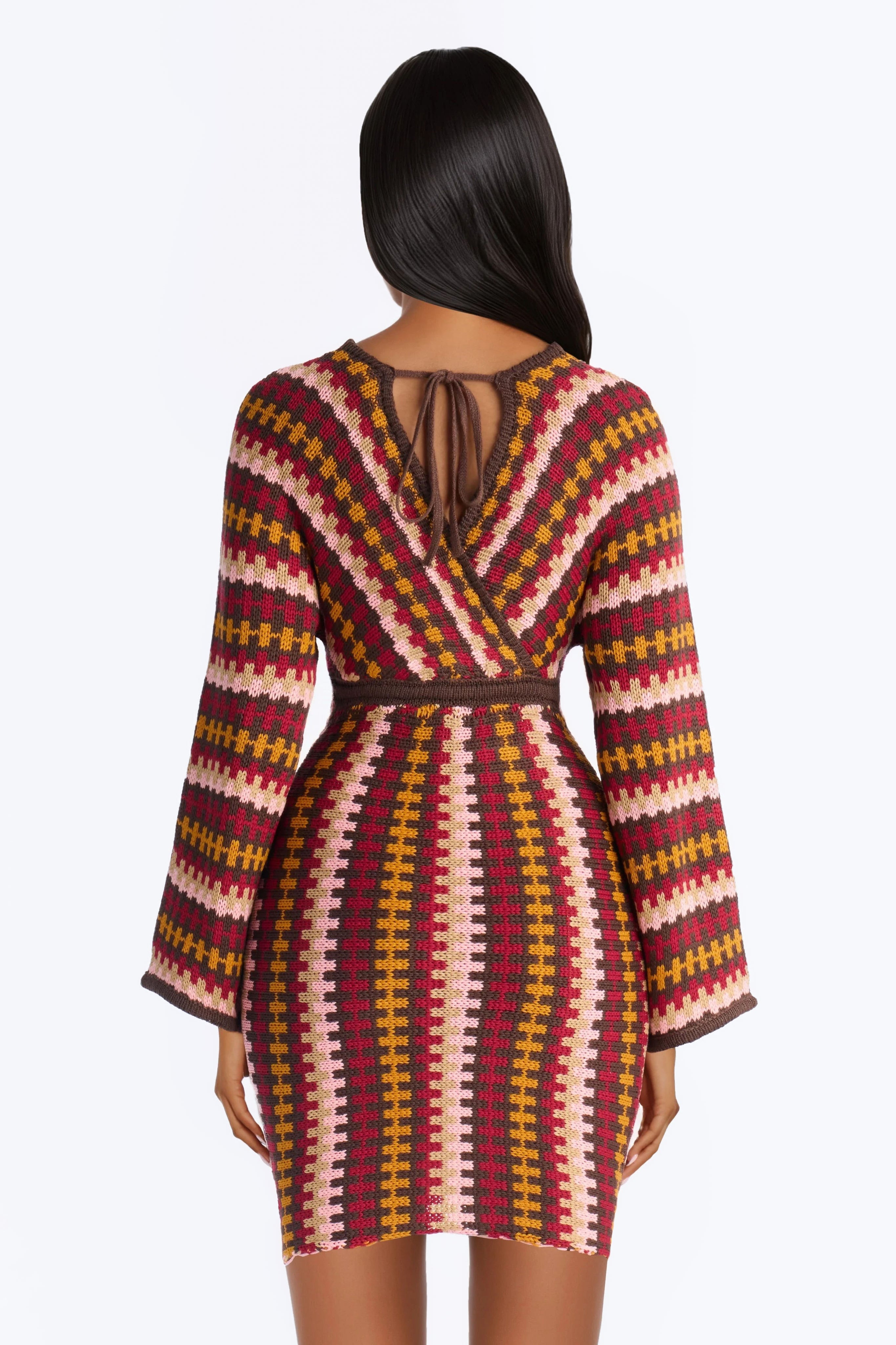 Under The Sun Long Sleeve Sweater Mini Dress - Burgundy/combo