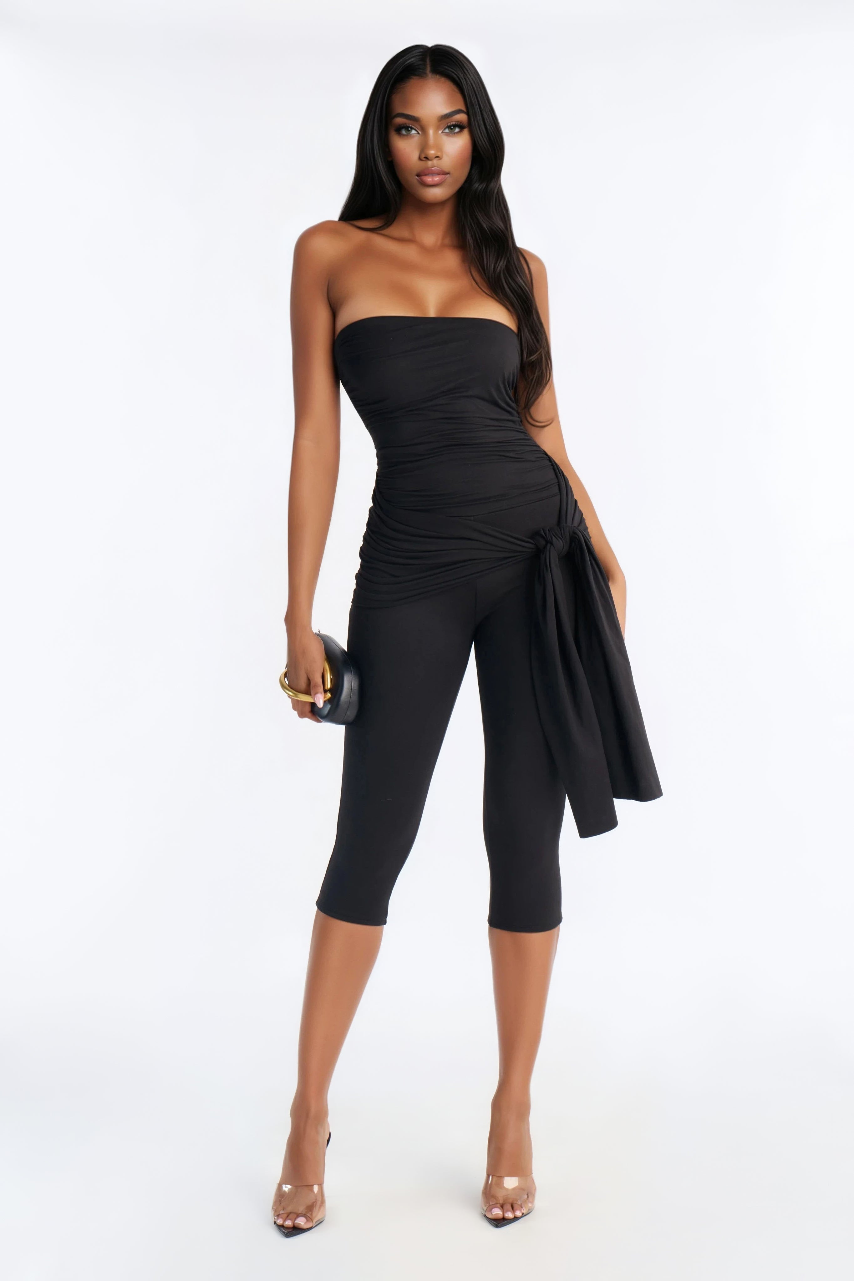 Knot Your Girl Strapless Capri Jumpsuit - Black