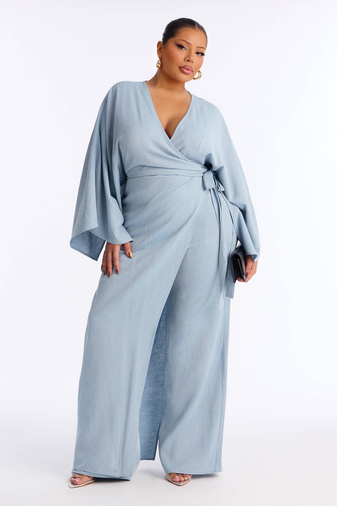 Shantal Long Sleeve Wrap Wide Leg Jumpsuit - Blue